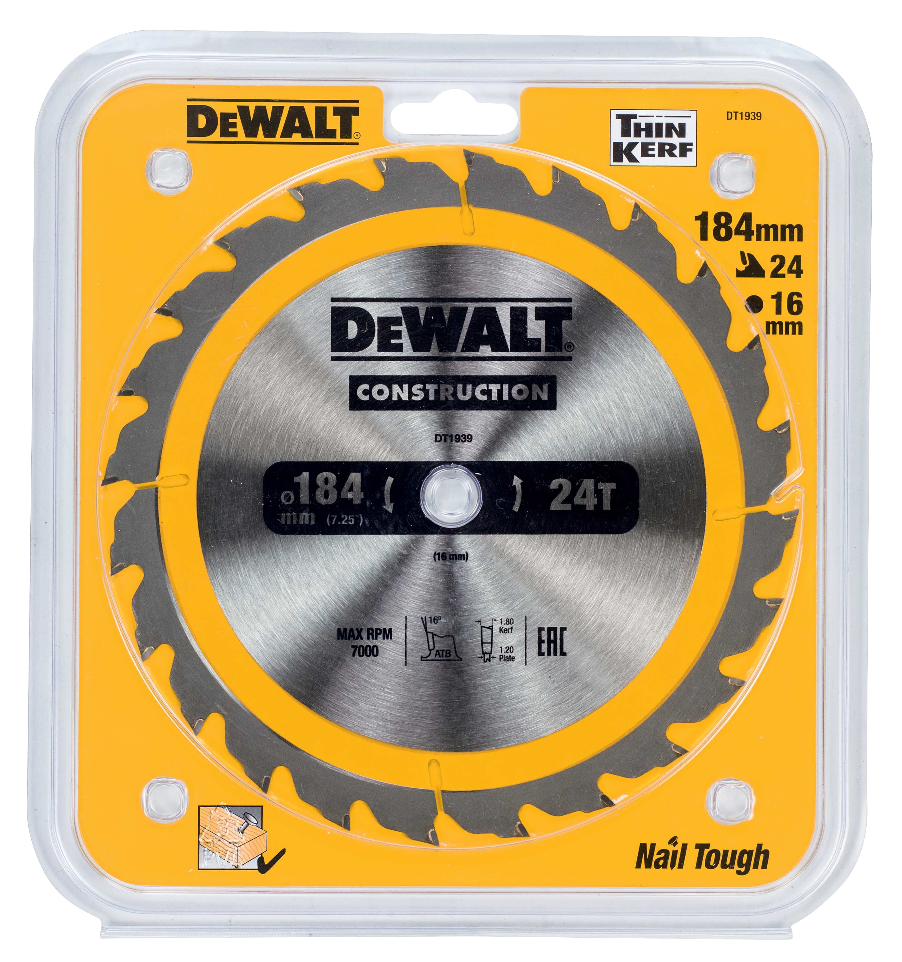 Диск пильный по дереву DEWALT CONSTRUCTION, 184х16х1.2 мм (DT1939-QZ)