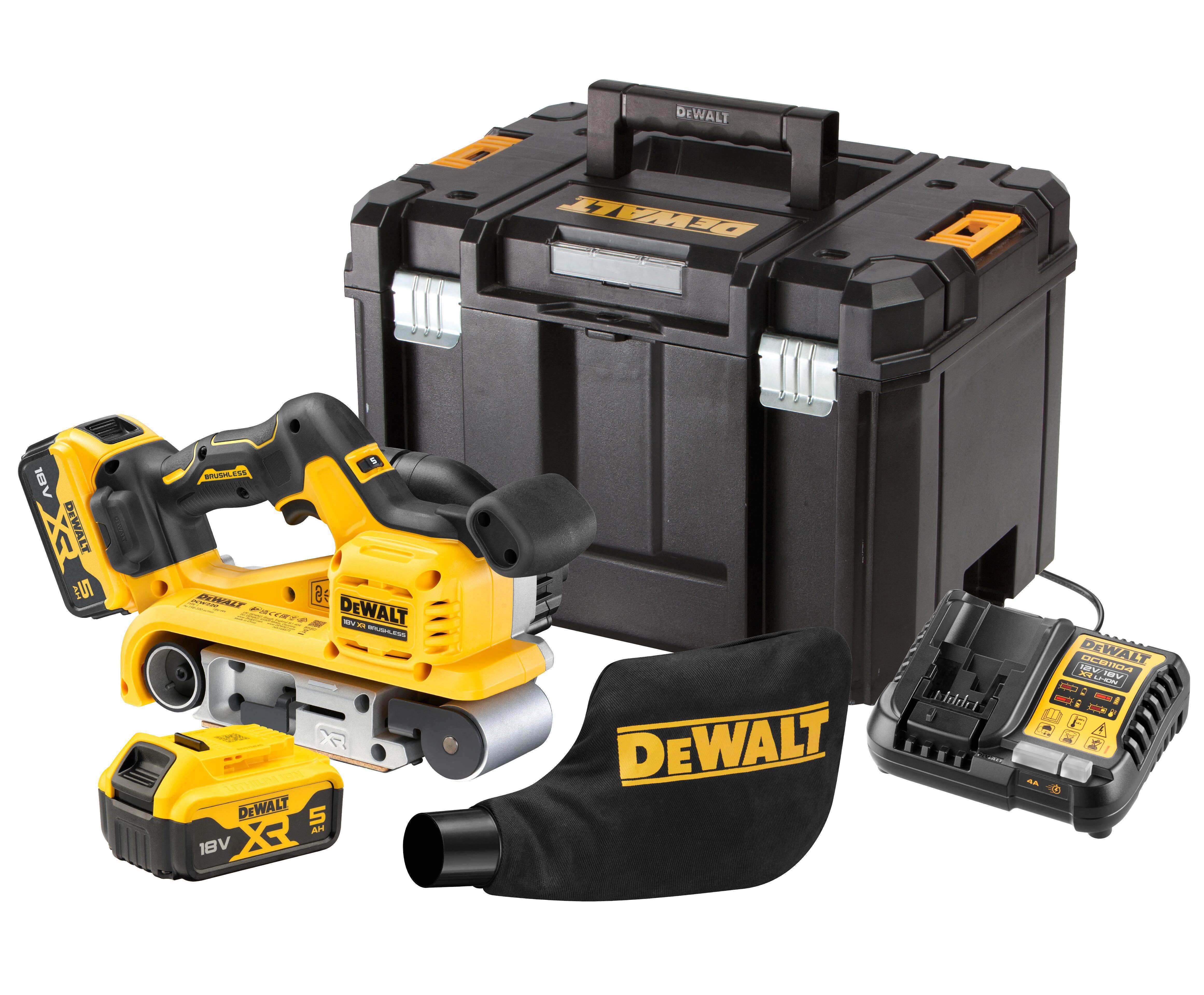 Купить DEWALT DCW220P2 аккумуляторная ленточная шлифмашина, 18 В, 320  м/мин, с 2 АКБ 5 Ач и ЗУ, в кейсе TSTAK. Цена на ДеВОЛТ ДСВ 220 П 2 в  официальном интернет-магазине DeWALT