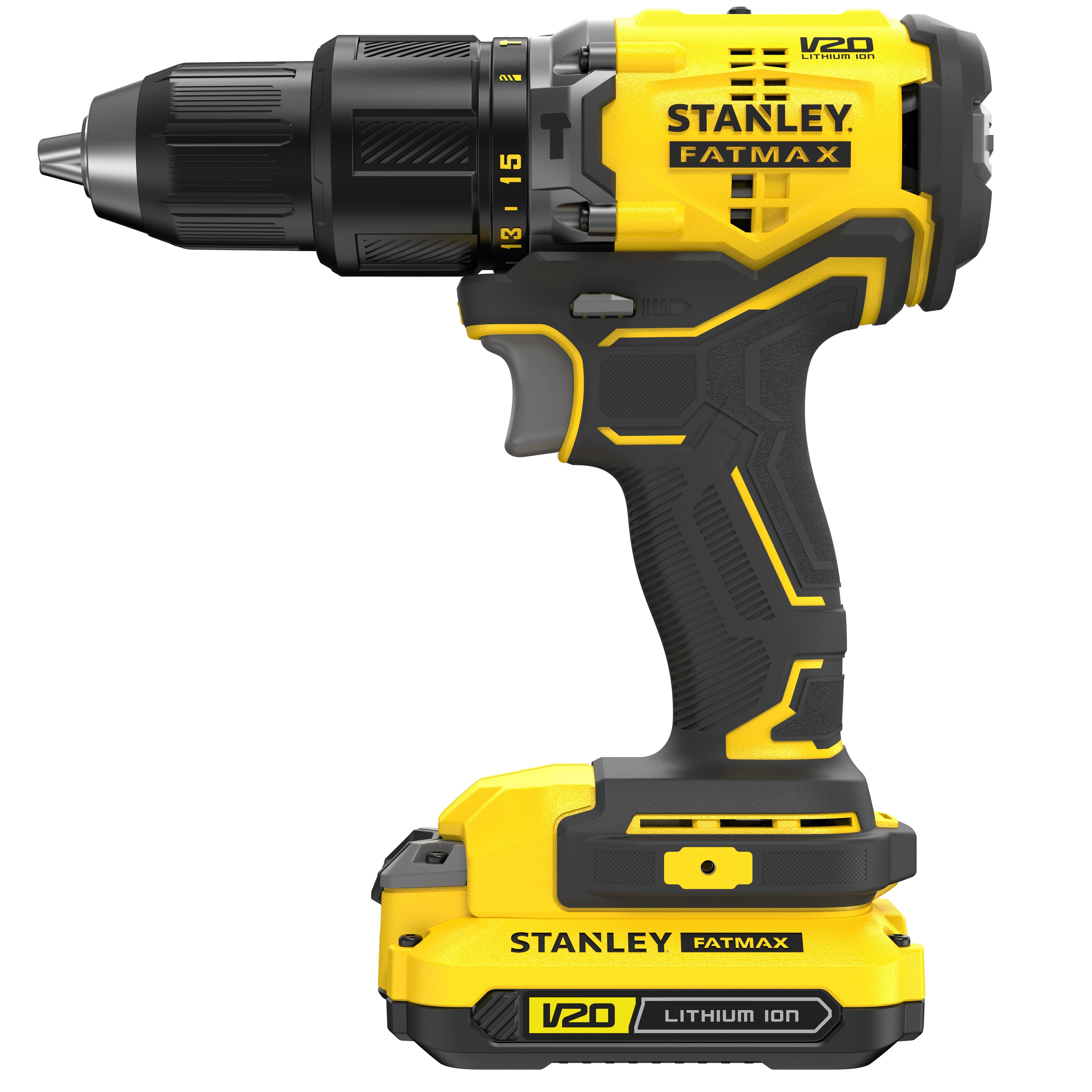 Аккумуляторная ударная дрель-шуруповерт STANLEY FATMAX V20, 18 В, 60 Нм, 1900 об/мин, 32300 уд/мин, с 2 АКБ 1.5 Ач и ЗУ, в кейсе, SFMCD715C2K