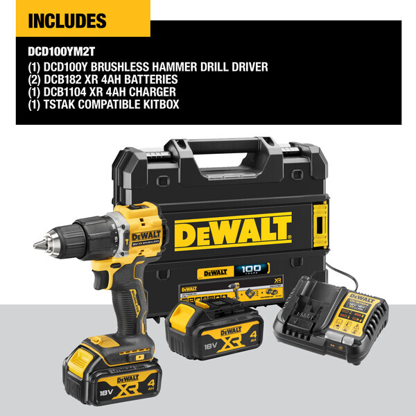 Аккумуляторная бесщеточная ударная дрель DEWALT, 18 В, 68 Нм, 28050 уд/мин, 1650 об/мин, с АКБ 4 Ач и ЗУ, в кейсе TSTAK, DCD100YM2T