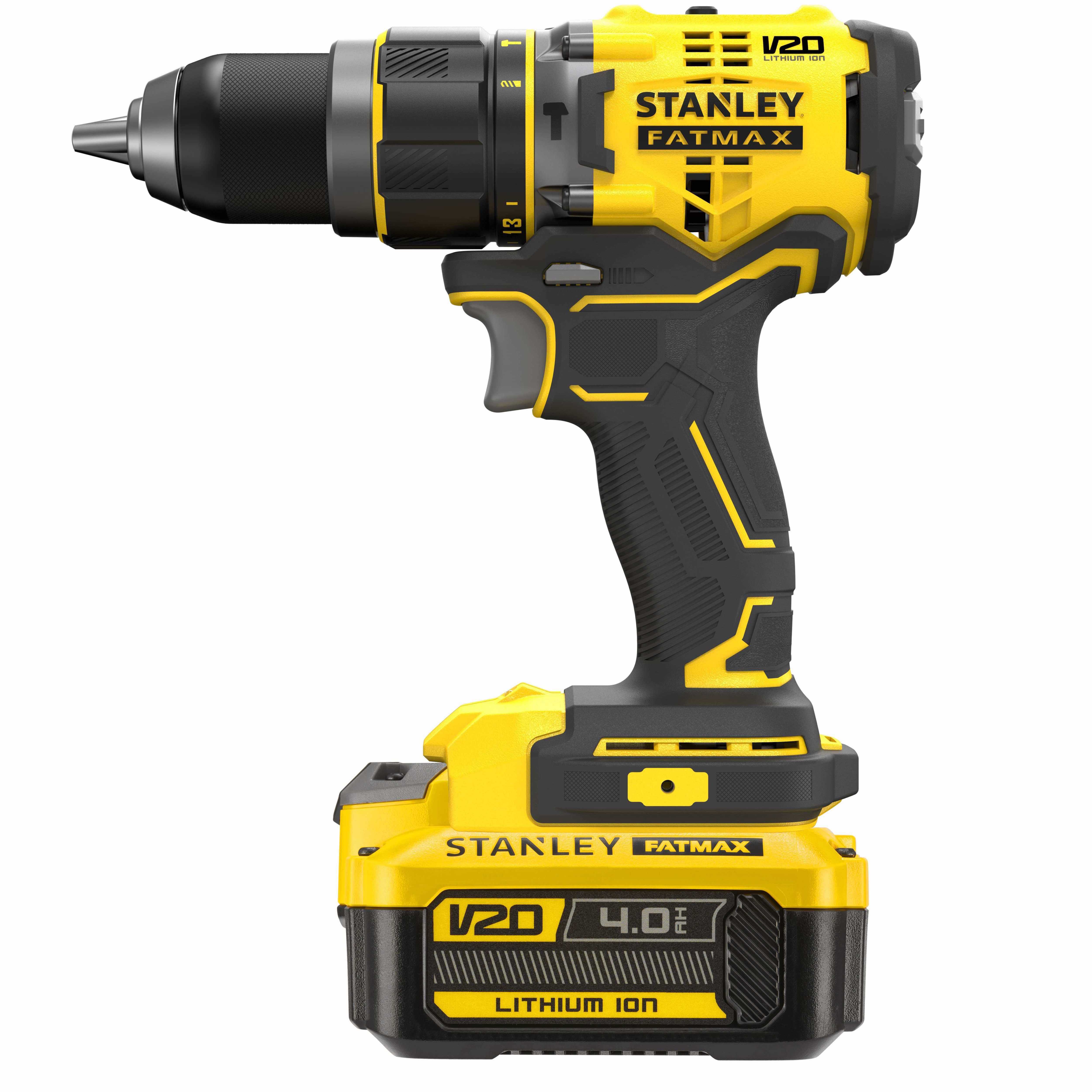 Аккумуляторная ударная дрель-шуруповерт STANLEY FATMAX V20, 18 В, 80 Нм, 2100 об/мин, 35700 уд/мин, с 2 АКБ 4 Ач и ЗУ, в кейсе, SFMCD721M2K