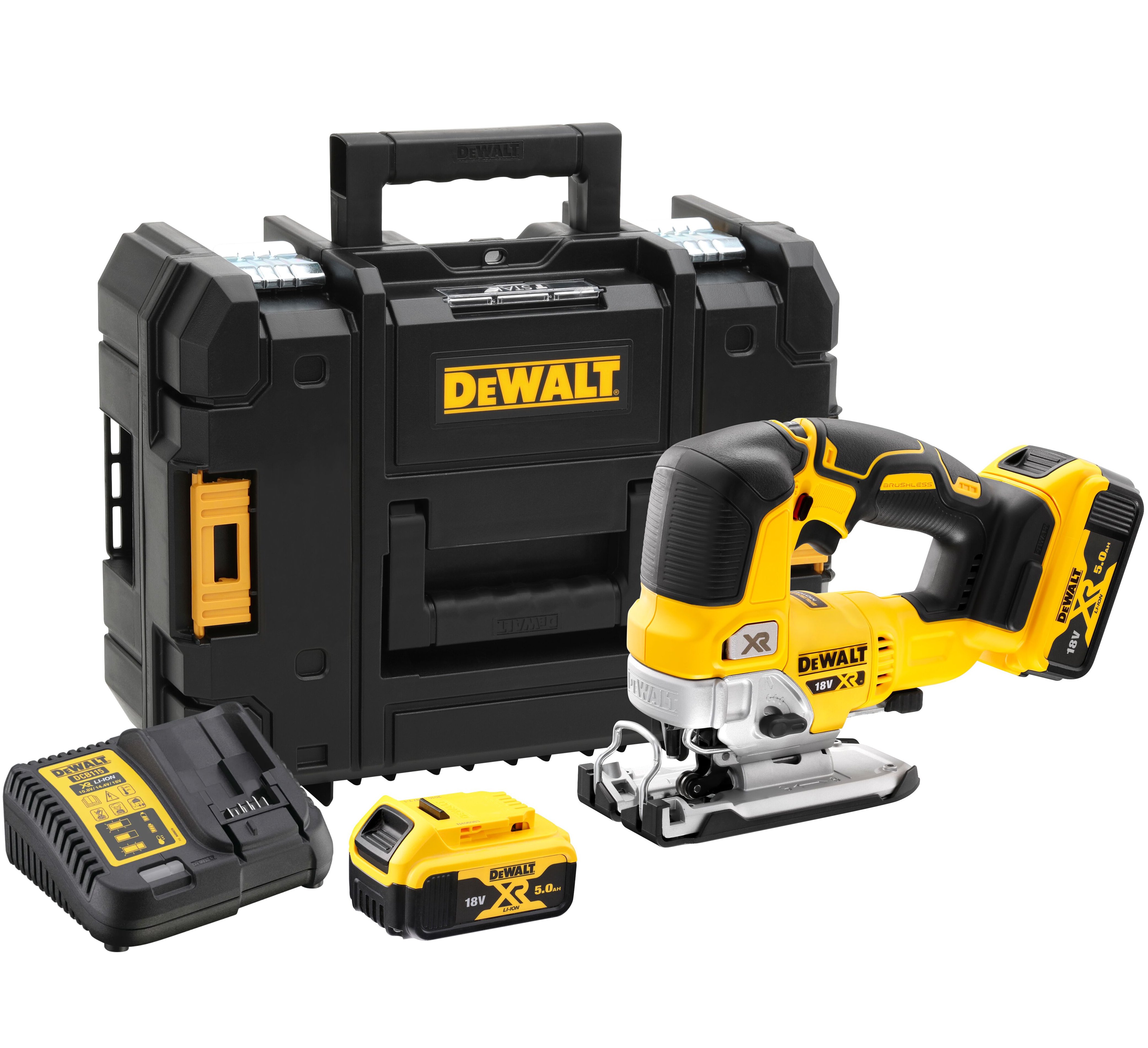 Аккумуляторный лобзик DEWALT DCS334P2 18 В 3200 ходмин 26 мм с 2 АКБ 5 Ач и ЗУ в кейсе TSTAK DCS334P2-QW 77990₽
