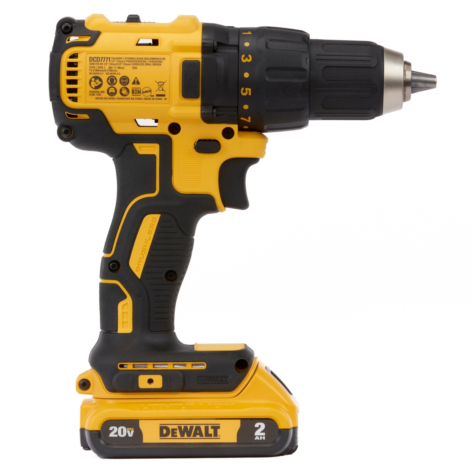 Аккумуляторная бесщеточная дрель-шуруповерт DEWALT, 20 В, 1750 об/мин, с 2 АКБ 2 Ач и ЗУ, в кейсе, DCD7771D2