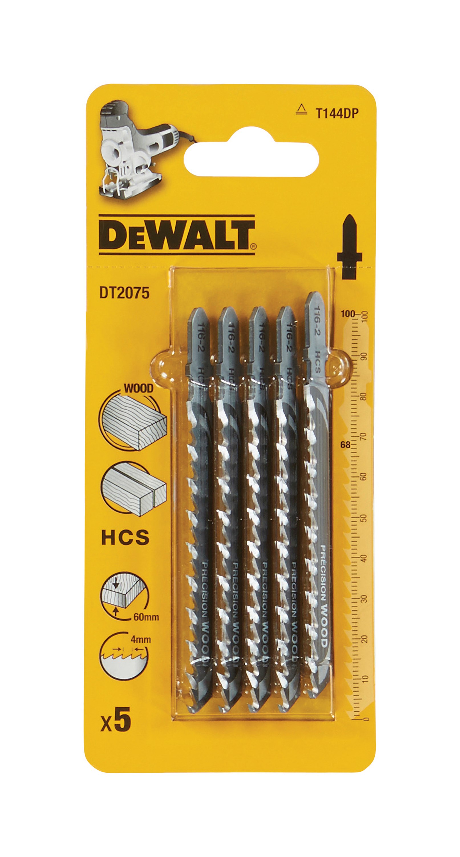 Пилка для лобзика DEWALT DT2075 по дереву из высокоуглеродистой стали HCS 100 x 68 x 40 x 60 мм T144DP 5 шт 1000₽