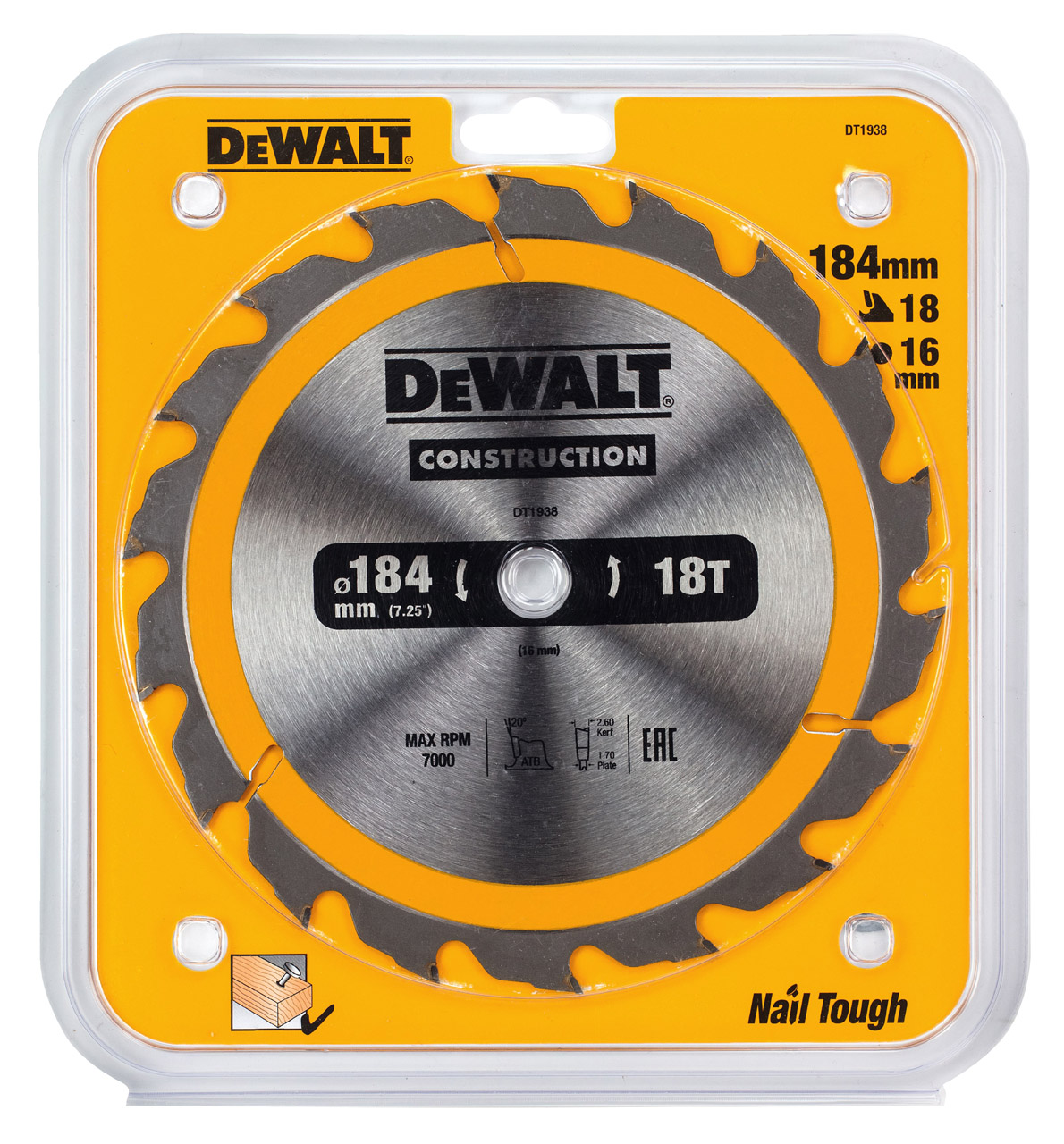 Диск пильный по дереву DEWALT CONSTRUCTION, 184х16х1.7 мм (DT1938-QZ)