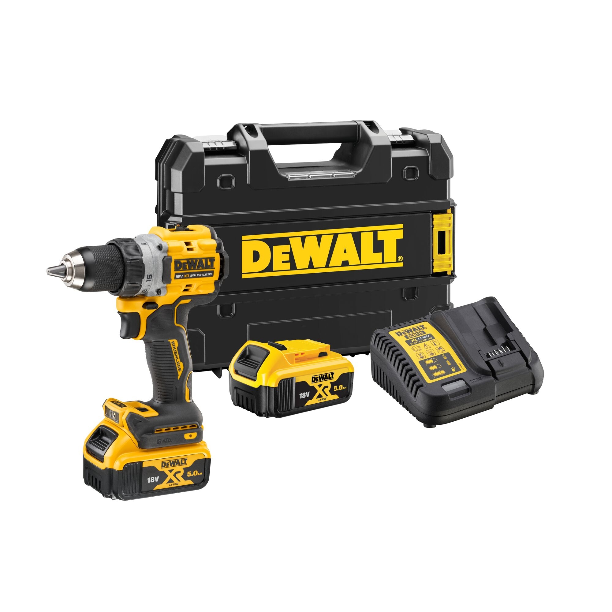 Аккумуляторная дрель-шуруповерт DEWALT DCD800P2T, 18 В, 2000 об/мин, с 2 АКБ 5 Ач и ЗУ, в кейсе TSTAK (DCD800P2T-QW)