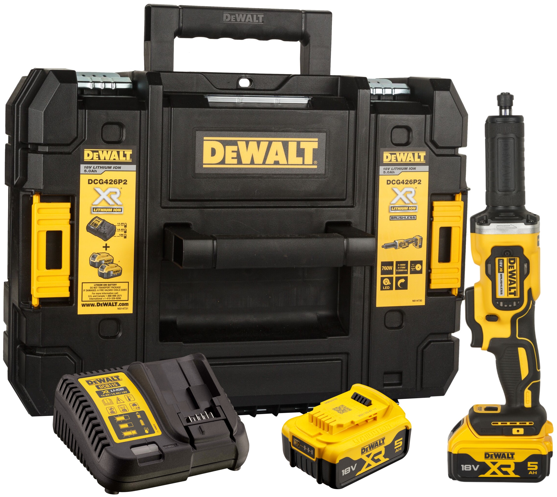 Аккумуляторная прямошлифовальная машина DEWALT DCG426P2 18 В 38 мм 25000 обмин с 2 АКБ 5 Ач и ЗУ в кейсе TSTAK DCG426P2-QW 61060₽