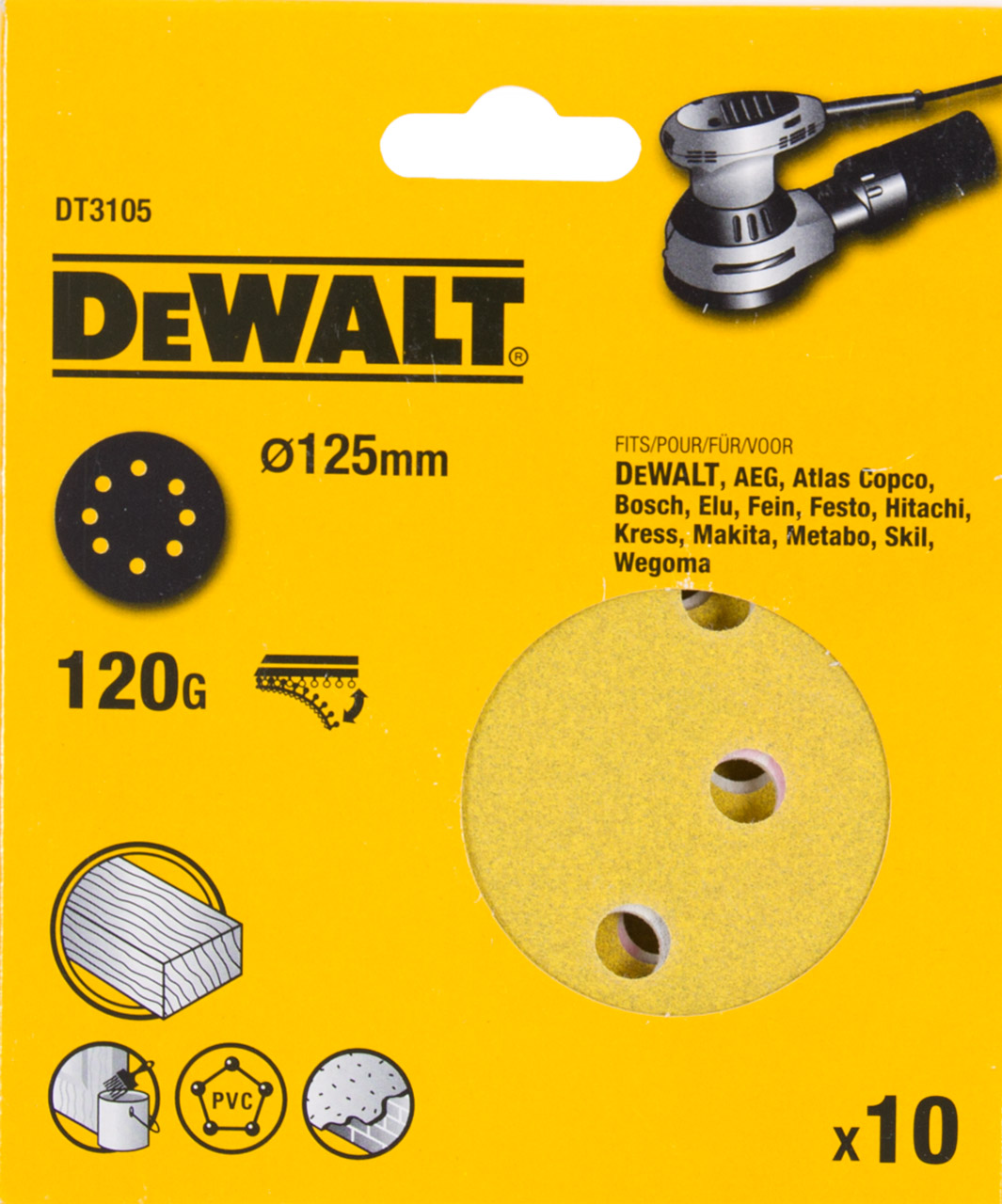 Шлифовальные круги DEWALT DT3105 125 мм 8 отверстий 120G 10 шт 900₽