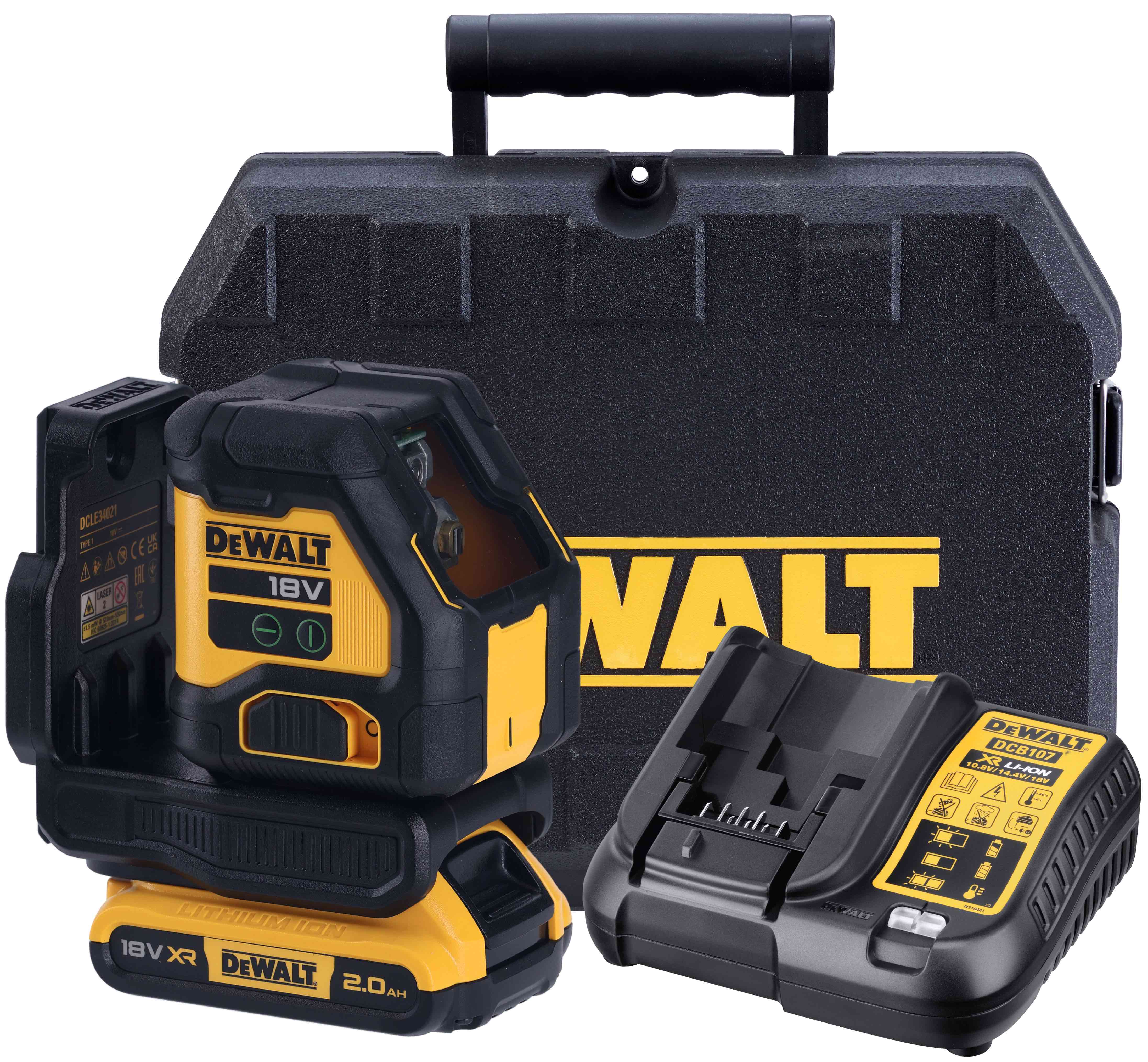 Аккумуляторный лазерный нивелир DEWALT DCLE34021D1 18 В зеленый луч 55 м с АКБ 2 Ач и ЗУ в кейсе DCLE34021D1-QW 55750₽