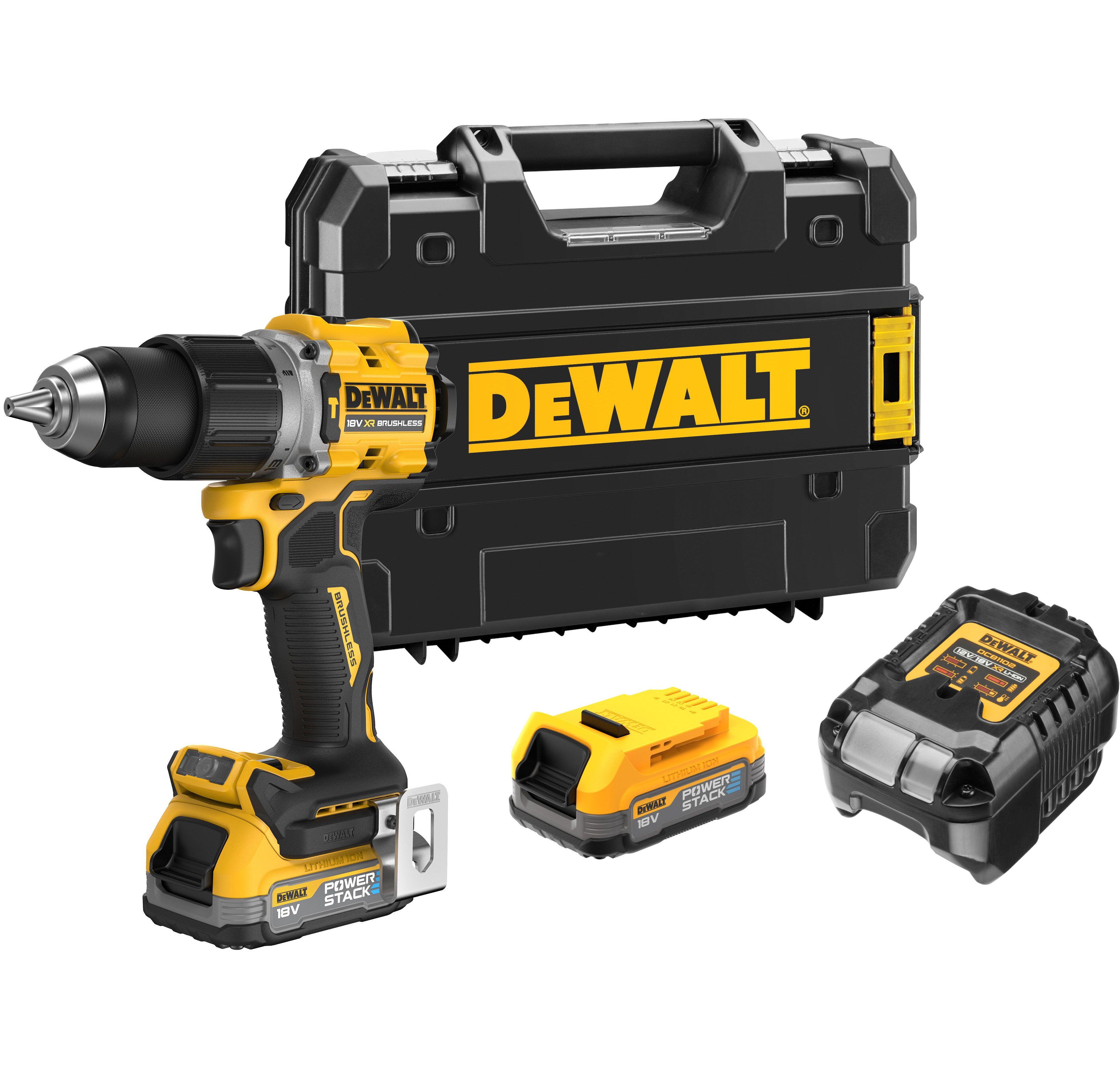 Аккумуляторная ударная дрель-шуруповерт DEWALT DCD805E2T, 18 В, 2000 об/мин, 34000 уд/мин, с 2 АКБ 1.7 Ач и ЗУ, в кейсе TSTAK (DCD805E2T-QW)