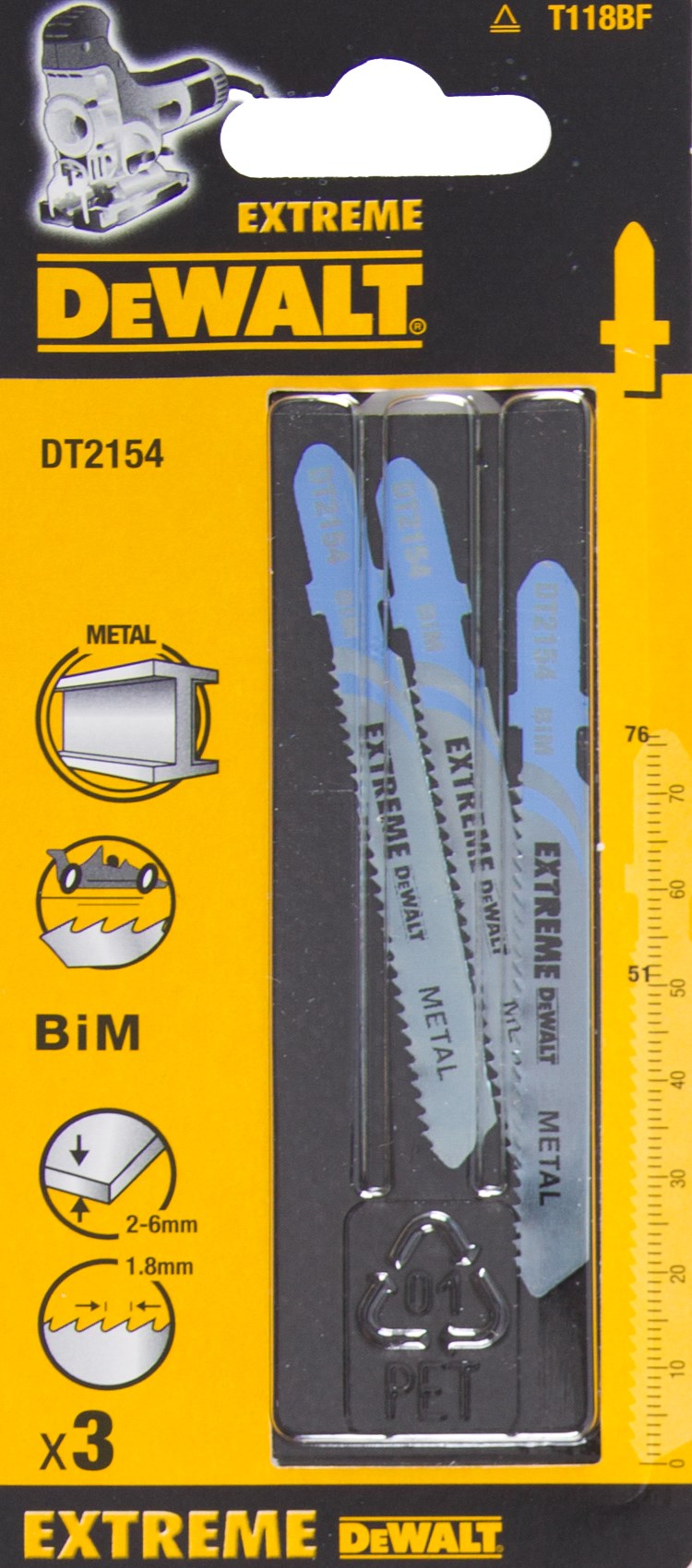 Пилка для лобзика DEWALT EXTREME DT2154, по металлу, BiM, 76 x 51 x 1.8 x 6 мм, T118BF, 3 шт.
