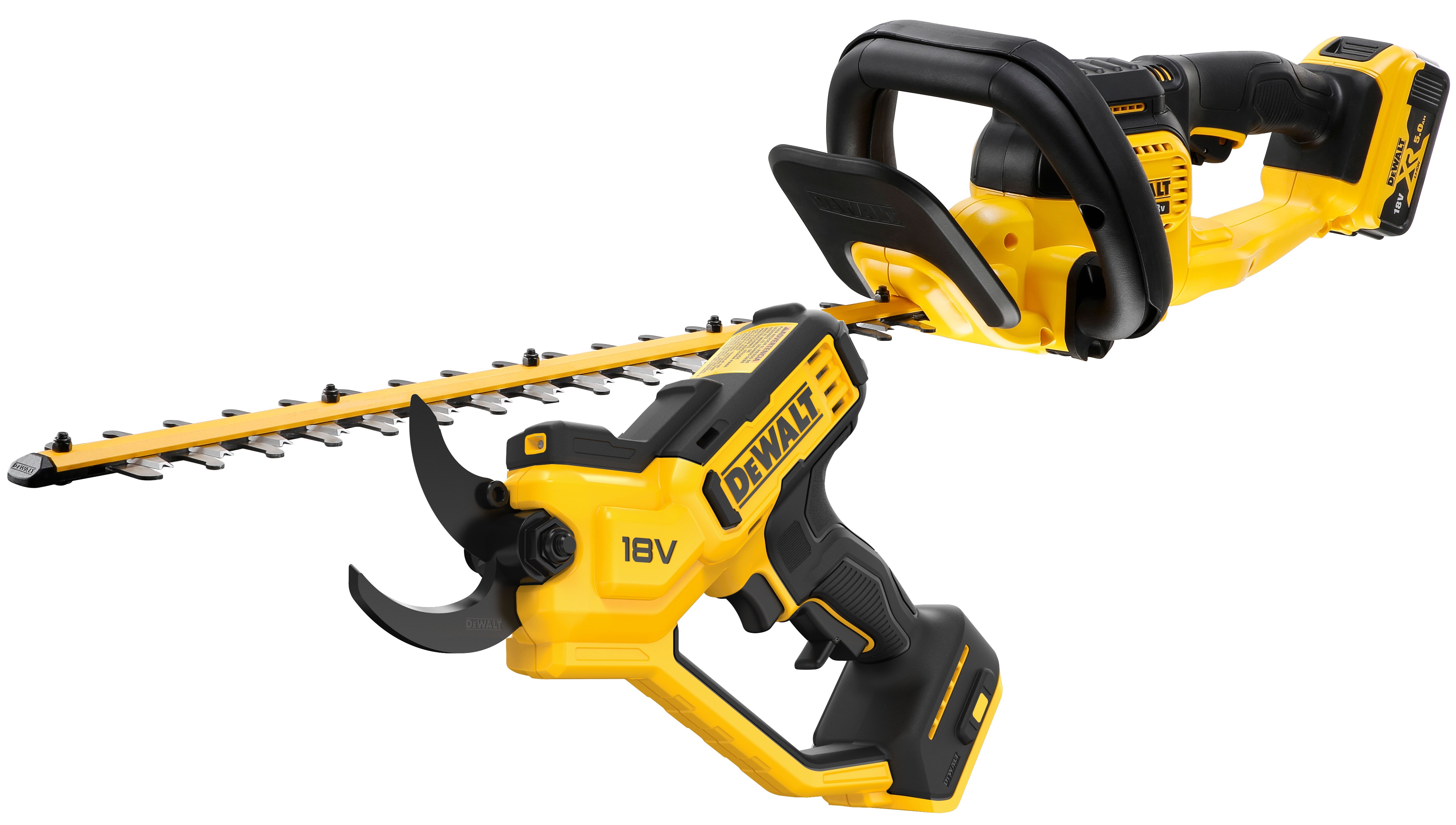 Аккумуляторный набор садовой техники DEWALT, 18 В: кусторез DCMHT563 + секатор DCMPP568, с АКБ 5 Ач и ЗУ