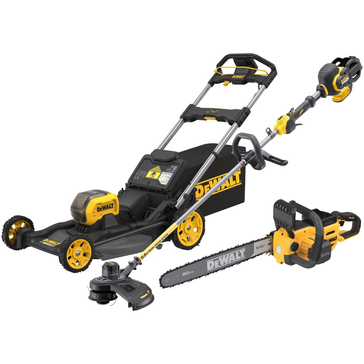 Аккумуляторный набор садовой техники DEWALT, 54 В: газонокосилка DCMWP500 + триммер DCM571 + цепная пила DCMCS575, без АКБ и ЗУ