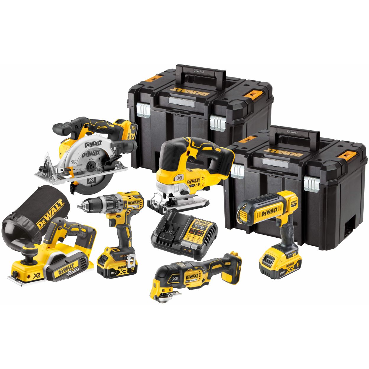 Аккумуляторный набор DEWALT DCK667P3T: дрель + пила + лобзик + рубанок + реноватор + фонарь, с 3 АКБ 5 Ач и ЗУ, в 2 кейсах TSTAK