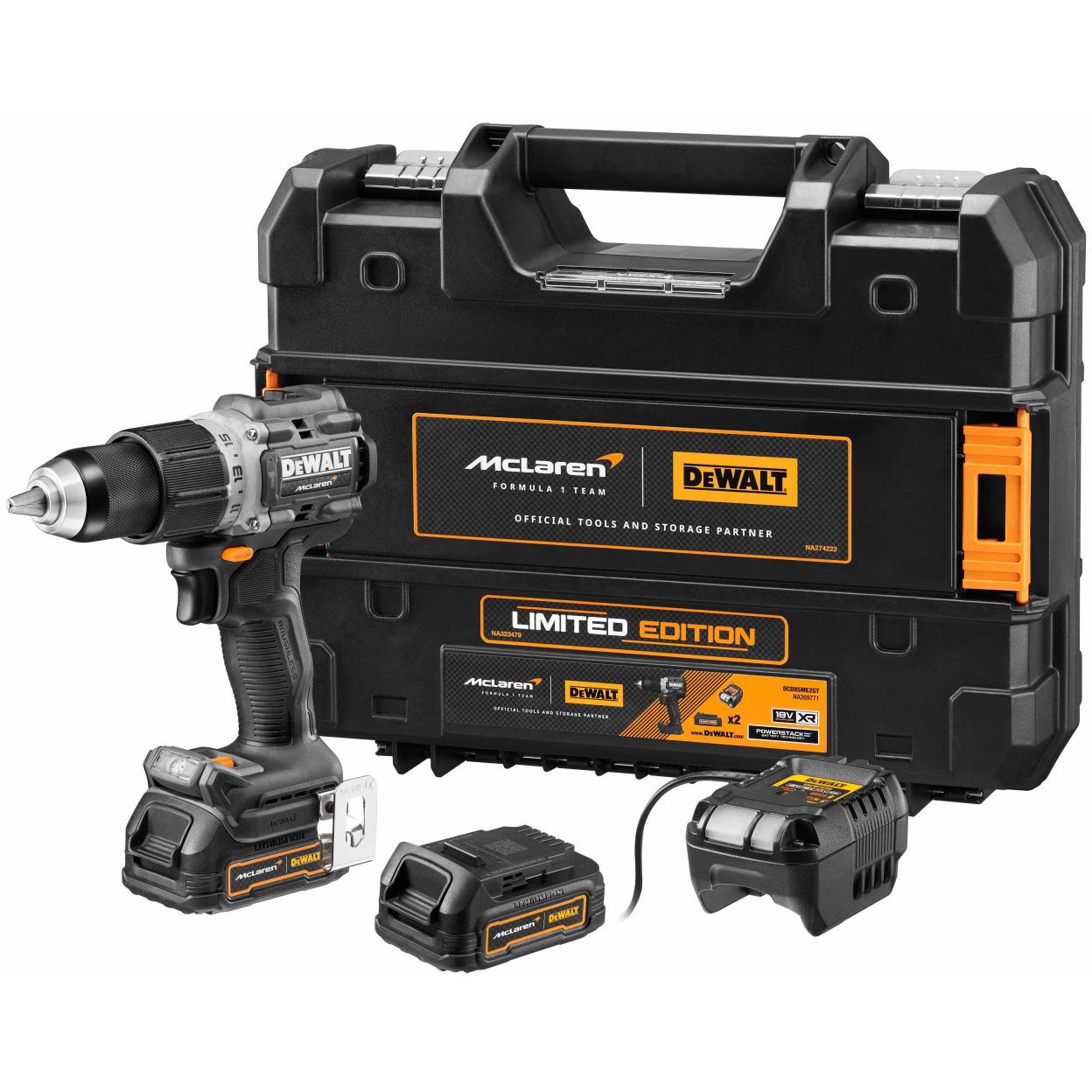 Ударная дрель-шуруповерт DEWALT McLaren Limited Edition DCD85ME2GT, 18 В, 2000 об/мин, с 2 АКБ 1.7 Ач и ЗУ, в кейсе TSTAK