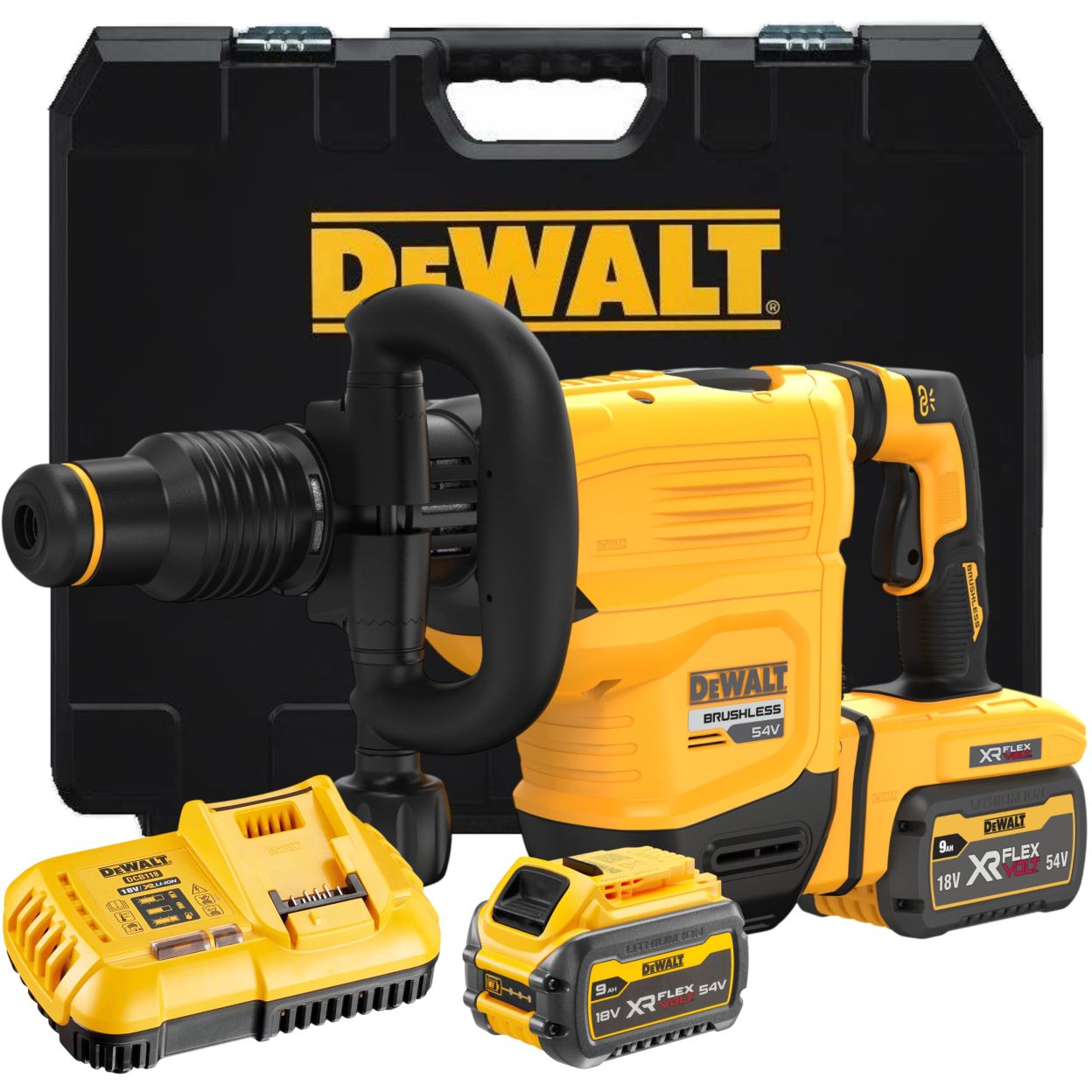 Аккумуляторный отбойный молоток DEWALT DCH832X2, 54 В, 10.5 Дж, 2900 уд/мин, с 2 АКБ 3 Ач и ЗУ, в кейсе (DCH832X2-QW)