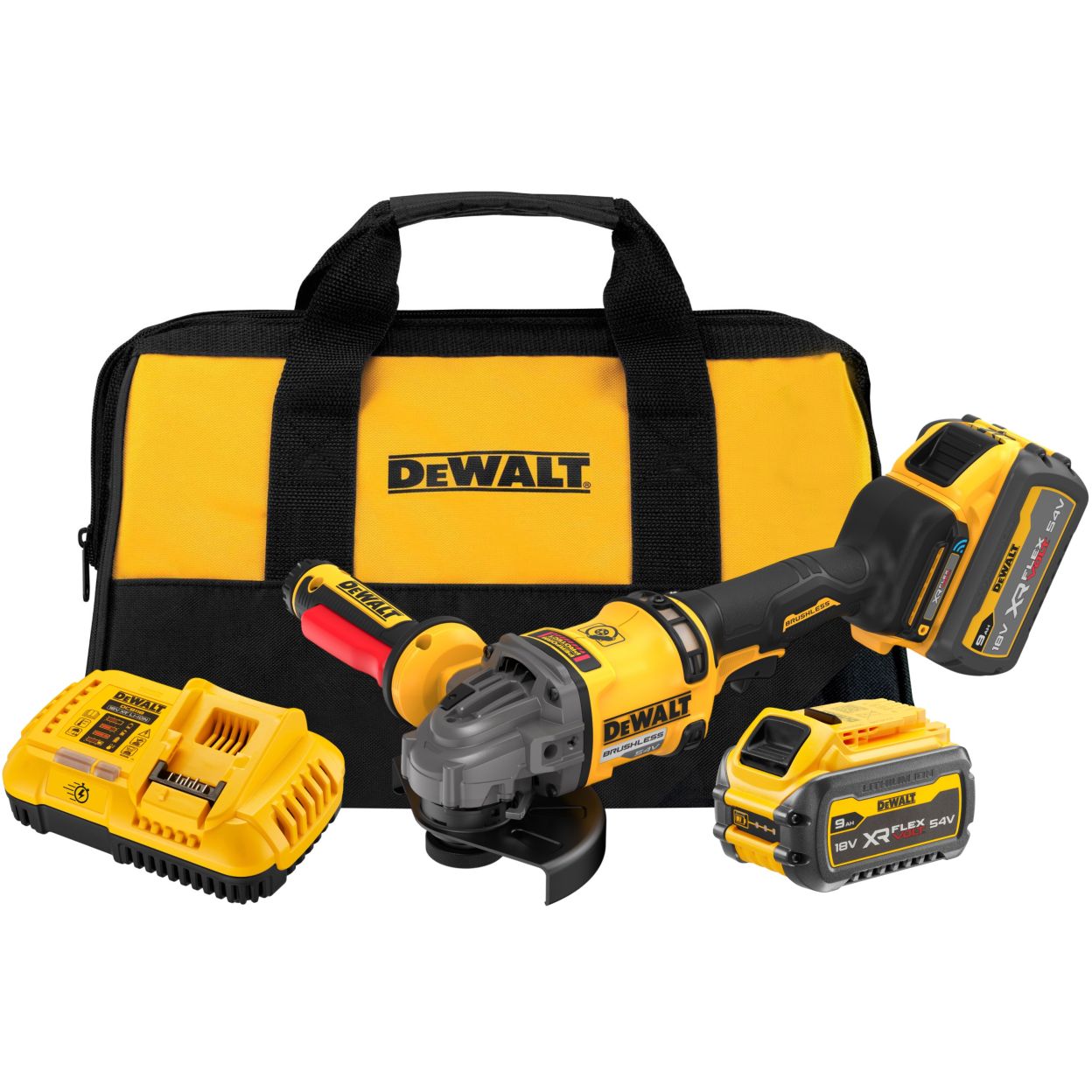 Аккумуляторная угловая шлифмашина DEWALT DCG418SHDX2, 54 В, 125 мм, 9000 об/мин, с 2 АКБ 3 Ач и ЗУ, в сумке (DCG418SHDX2-QW)
