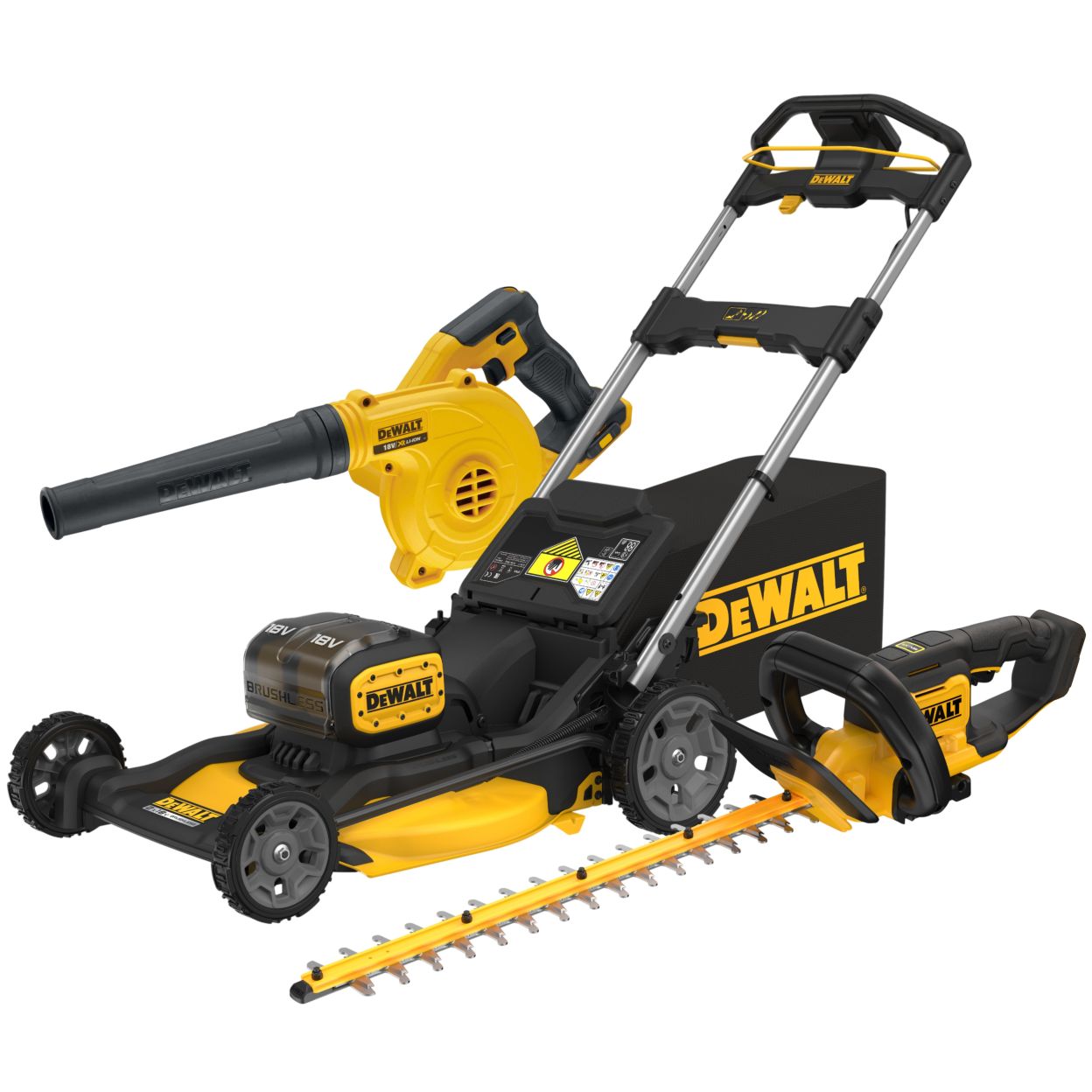 Аккумуляторный набор садовой техники DEWALT, 18 В: газонокосилка DCMWP134 + кусторез DCMHT564 + воздуходувка DCV100, без АКБ без ЗУ