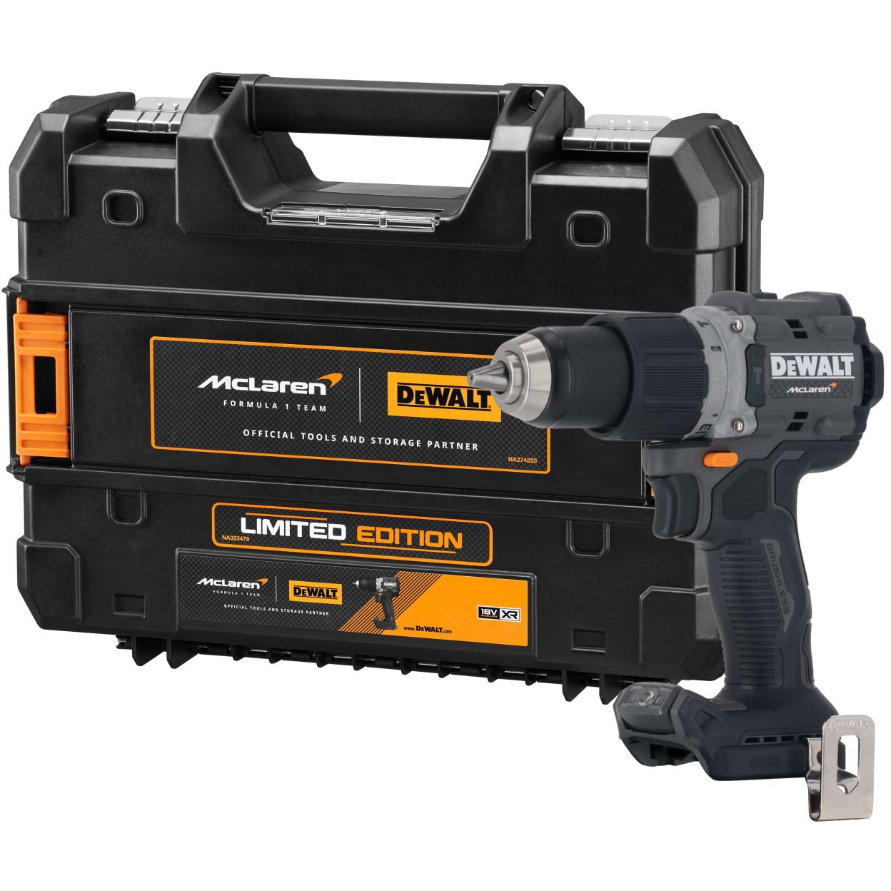 Ударная дрель-шуруповерт DEWALT McLaren Limited Edition DCD85MNT, 18 В, 2000 об/мин, без АКБ и ЗУ, в кейсе TSTAK