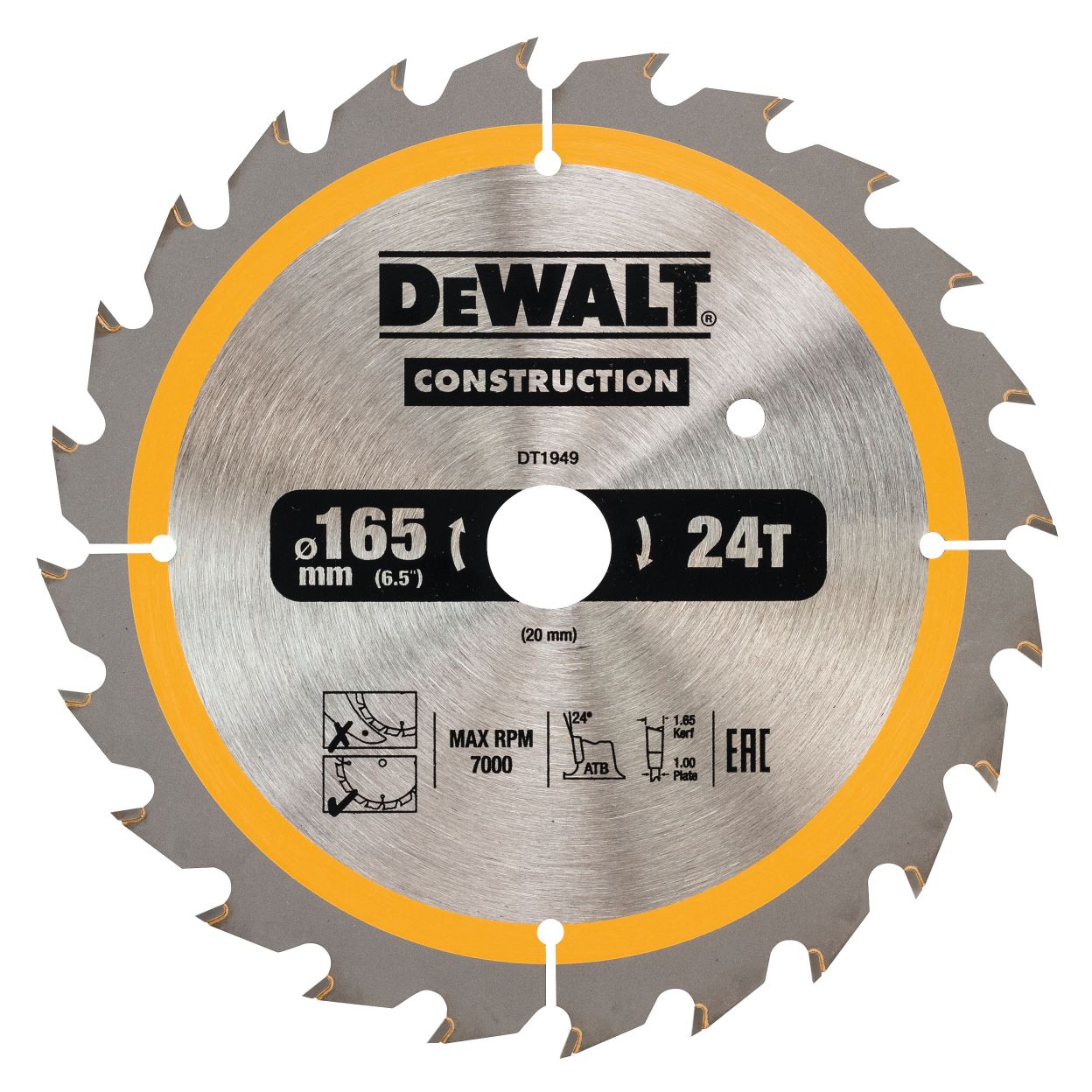 Диск пильный по дереву DEWALT CONSTRUCTION, 165х20х1 мм (DT1949-QZ)