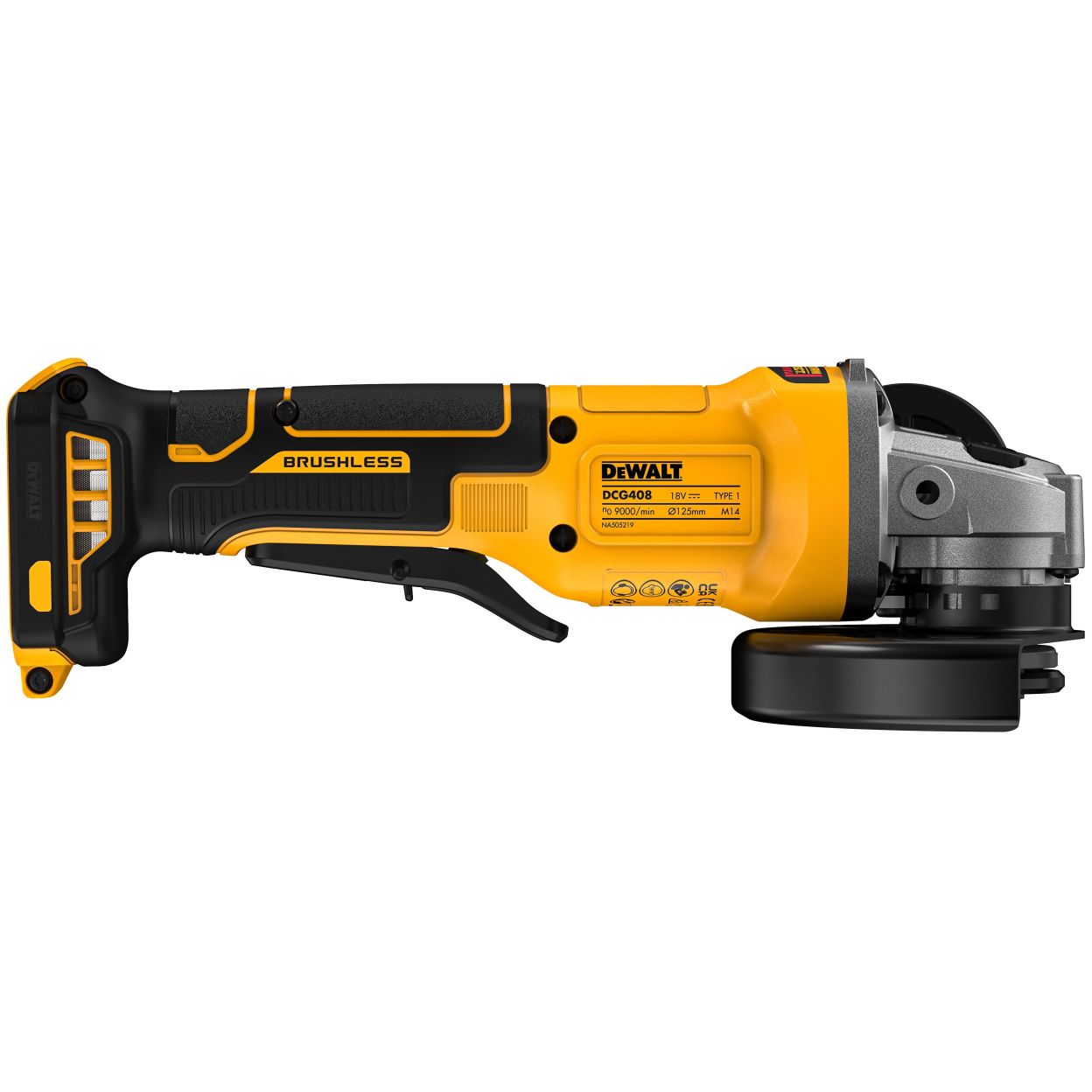 Аккумуляторная угловая шлифмашина DEWALT DCG408NT, 18 В, 125 мм, 9000 об/мин, без АКБ и ЗУ, в кейсе TSTAK (DCG408NT-XJ)
