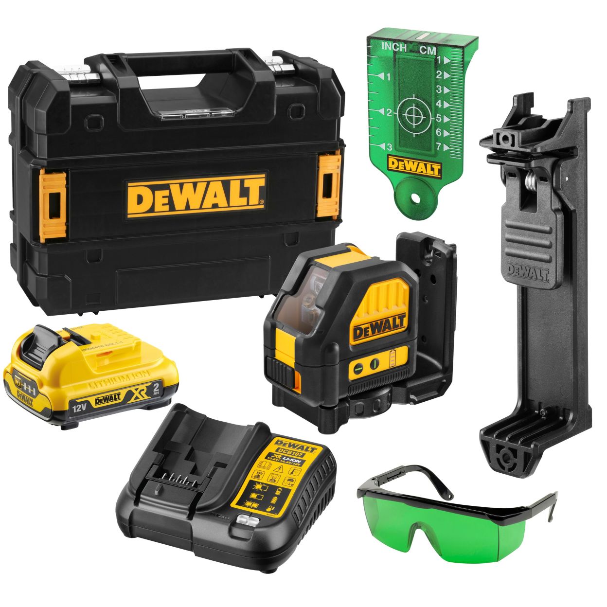 Аккумуляторный лазерный нивелир DEWALT DCE088D1G, 12 В, зеленый луч, 35 м, с АКБ 2 Ач и ЗУ, в кейсе TSTAK (DCE088D1G-QW)