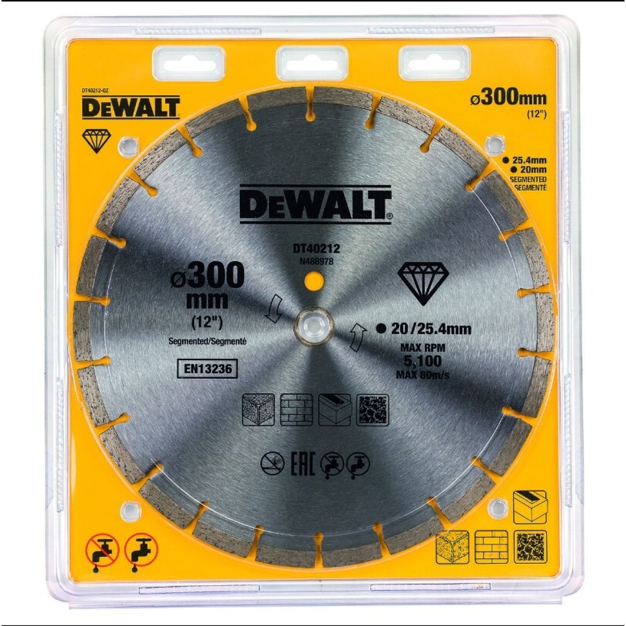 Алмазный круг сегментный универсальный DEWALT DT40212, 300 x 25.4, (кольцо 20 мм, в комплекте)