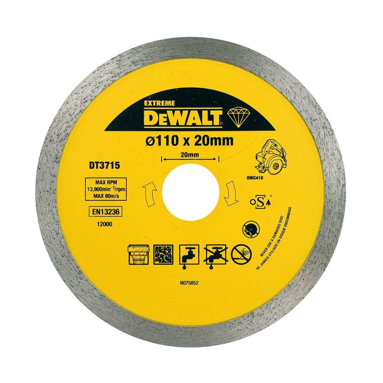 Алмазный круг сплошной по керамике DEWALT EXTREME DT3715, для плиткореза DWC410, 110 x 20, h=8