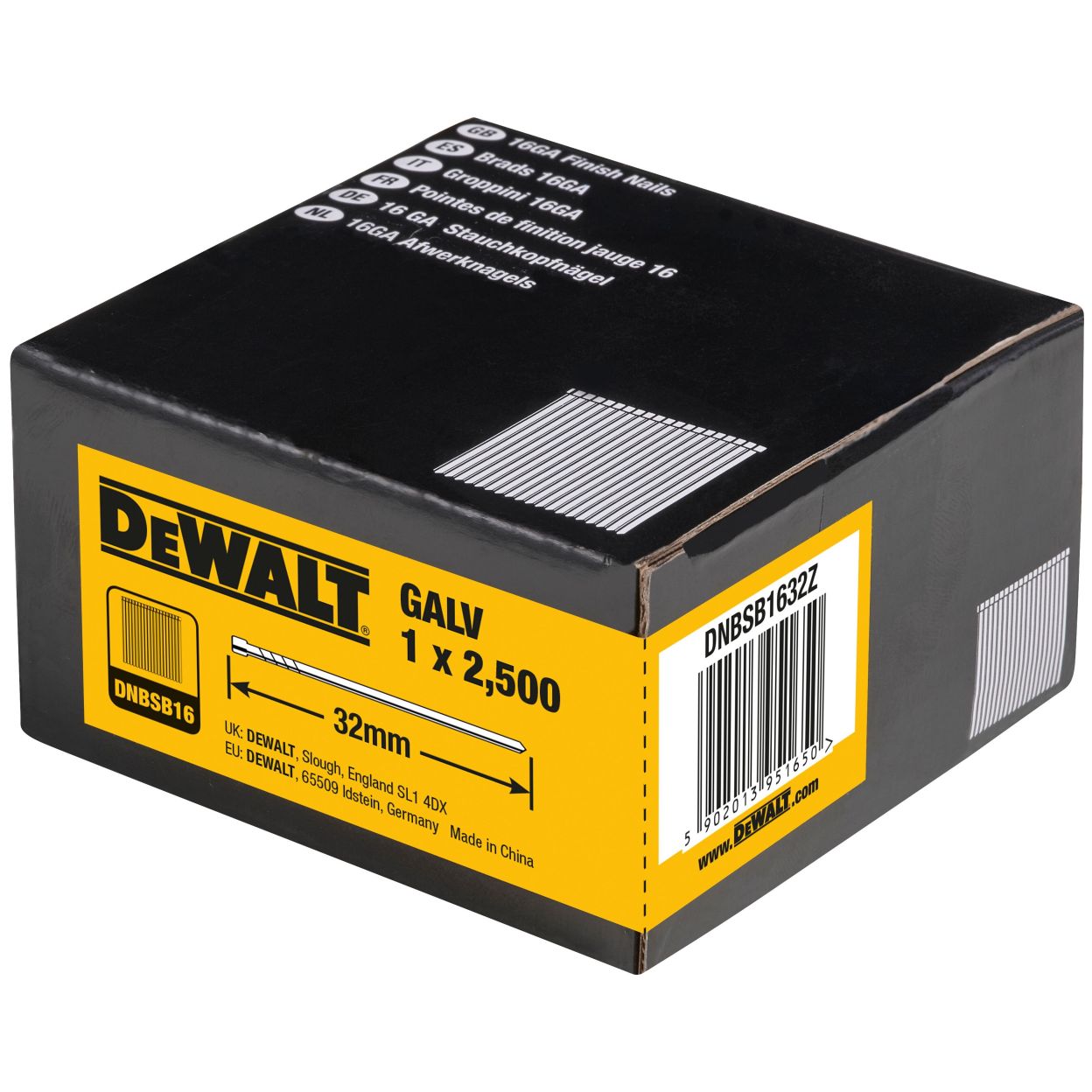 Гвозди DEWALT DNBSB1632Z, для нейлера, оцинкованные, 16GA, 32x1.6 мм, 2500 шт.