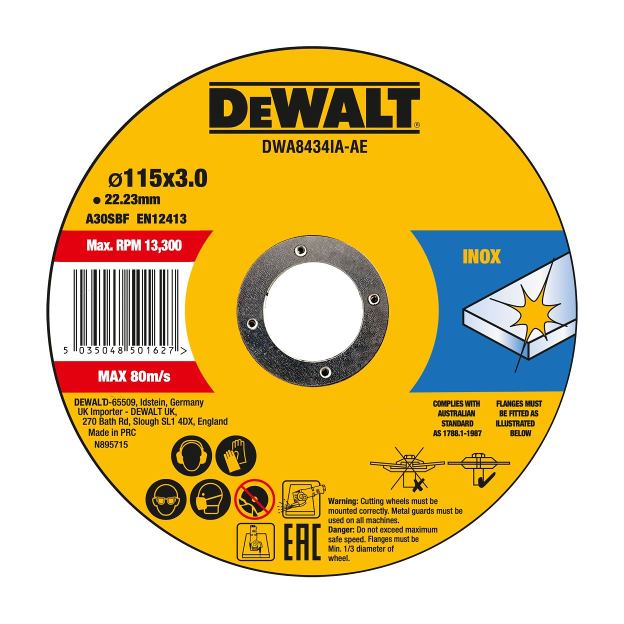 Диск отрезной DEWALT DWA8434IA, по металлу, 115х22.23х3 мм (DWA8434IA-AE)