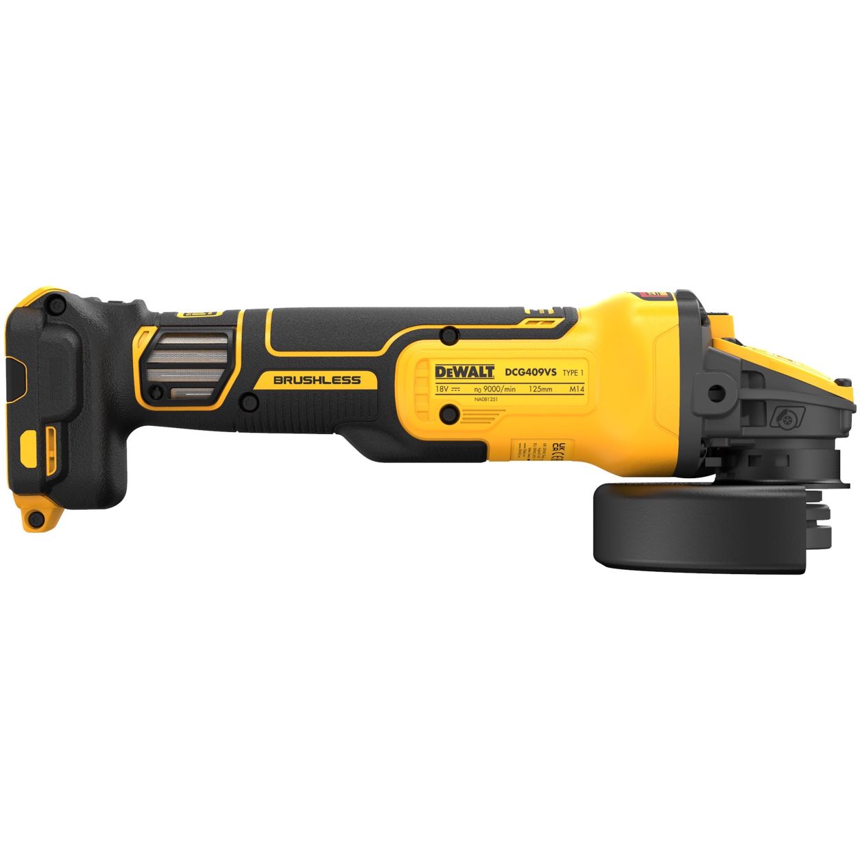 Аккумуляторная угловая шлифмашина DEWALT DCG409VST1, 18/54 В, 125 мм, 9000 об/мин, с АКБ 6 Ач и ЗУ, в кейсе TSTAK (DCG409VST1-QW)