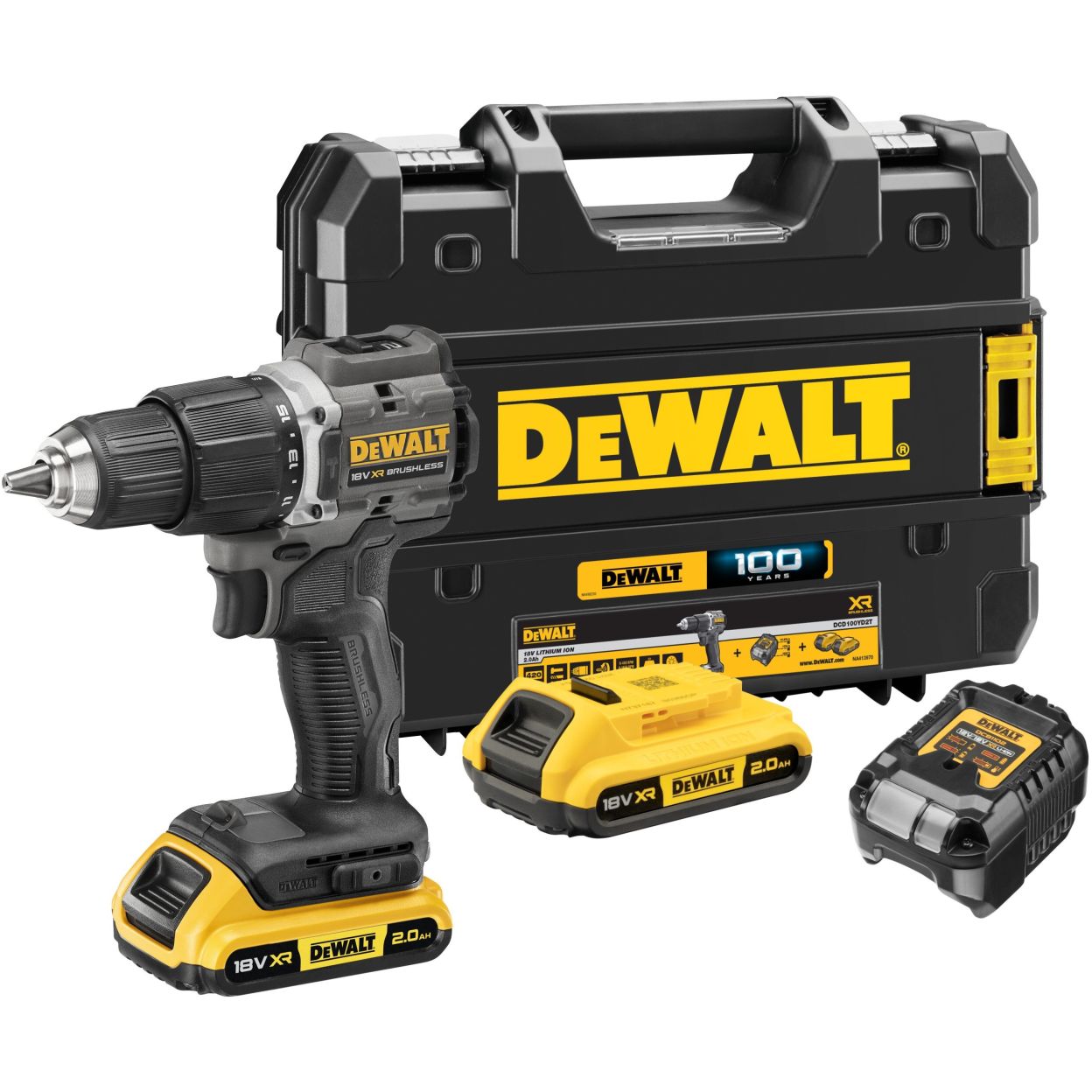 Ударная дрель-шуруповерт DEWALT DCD100D2T, 18 В, 1650 об/мин, 28050 уд/мин, с 2 АКБ 2 Ач и ЗУ, в кейсе TSTAK (DCD100D2T-QW)