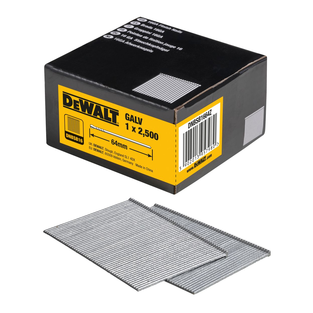 Гвозди DEWALT DNBSB1664Z, для нейлера, оцинкованные, 16GA, 64x1.6 мм, 2500 шт.