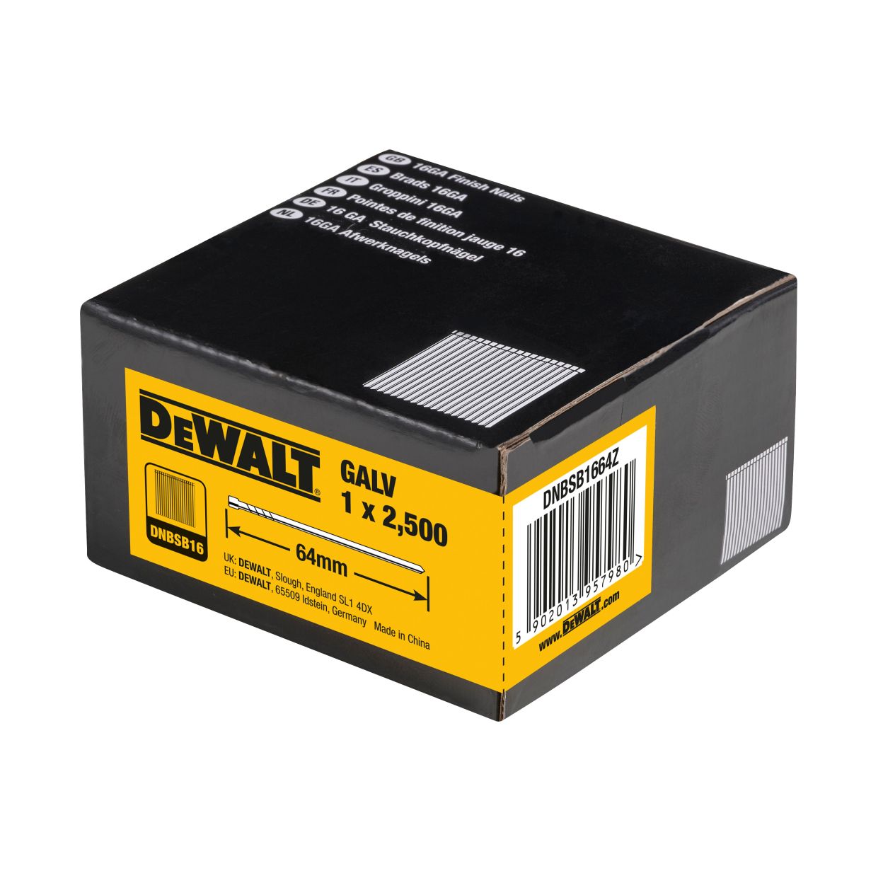 Гвозди DEWALT DNBSB1664Z, для нейлера, оцинкованные, 16GA, 64x1.6 мм, 2500 шт.