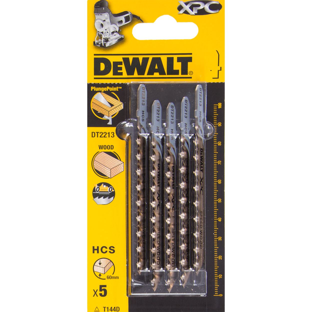 Пилка для лобзика DEWALT EXTREME PRECISION CUT DT2213, по дереву из высокоуглеродистой стали, HCS, 100 x 75 x 4.2 x 60 мм, T144D, 5 шт.