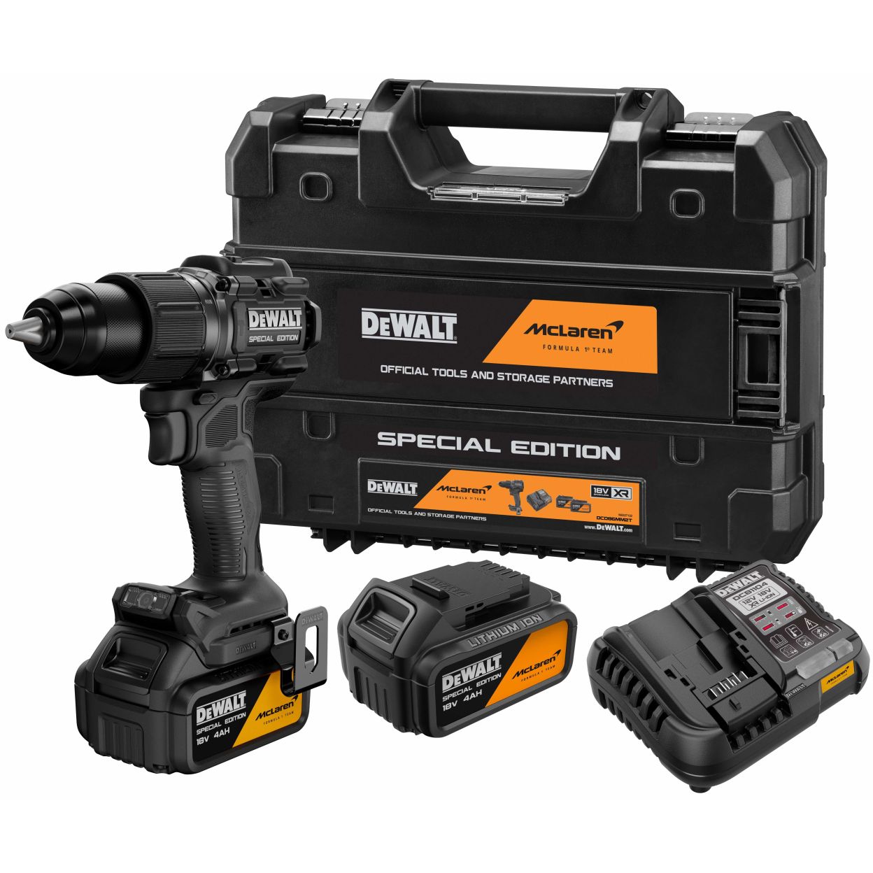 Ударная дрель-шуруповерт DEWALT McLaren Limited Edition DCD86MM2T, 18 В, 2000 об/мин, с 2 АКБ 4 Ач и ЗУ, в кейсе TSTAK