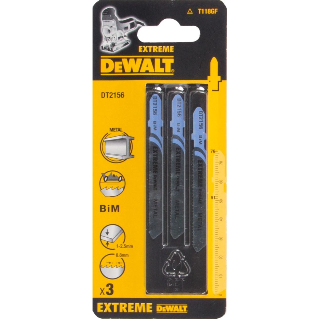 Пилка для лобзика DEWALT EXTREME DT2156, по металлу, BiM, 76 x 51 x 0.8 x 2.5 мм, T118GF, 3 шт.