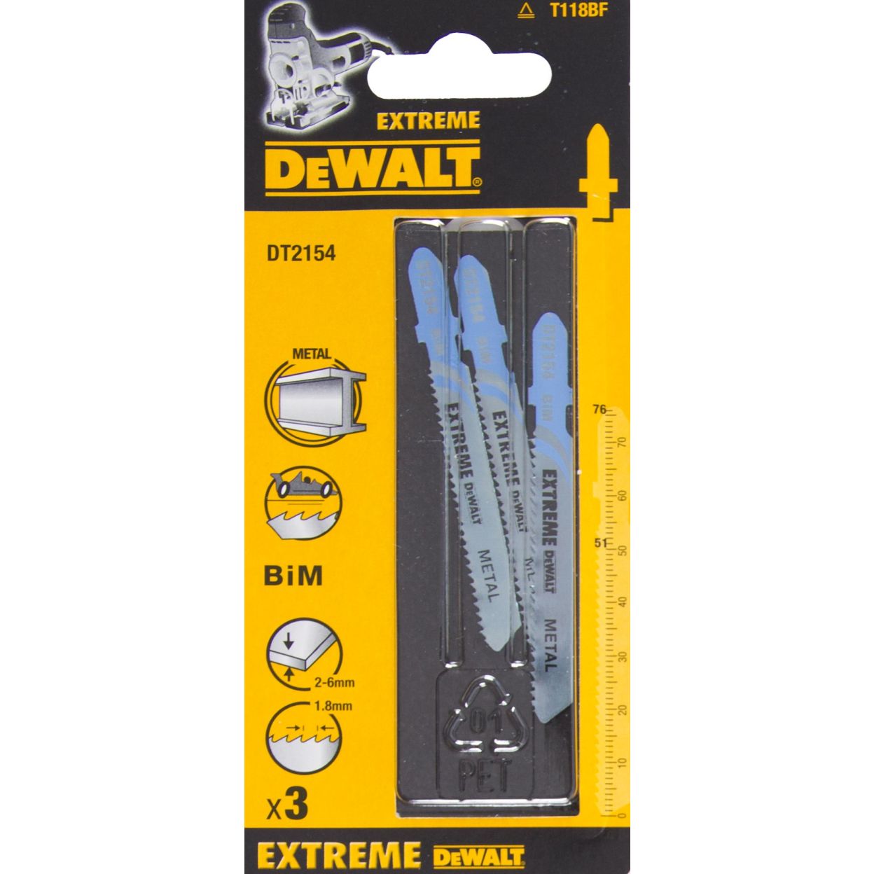 Пилка для лобзика DEWALT EXTREME DT2154, по металлу, BiM, 76 x 51 x 1.8 x 6 мм, T118BF, 3 шт.
