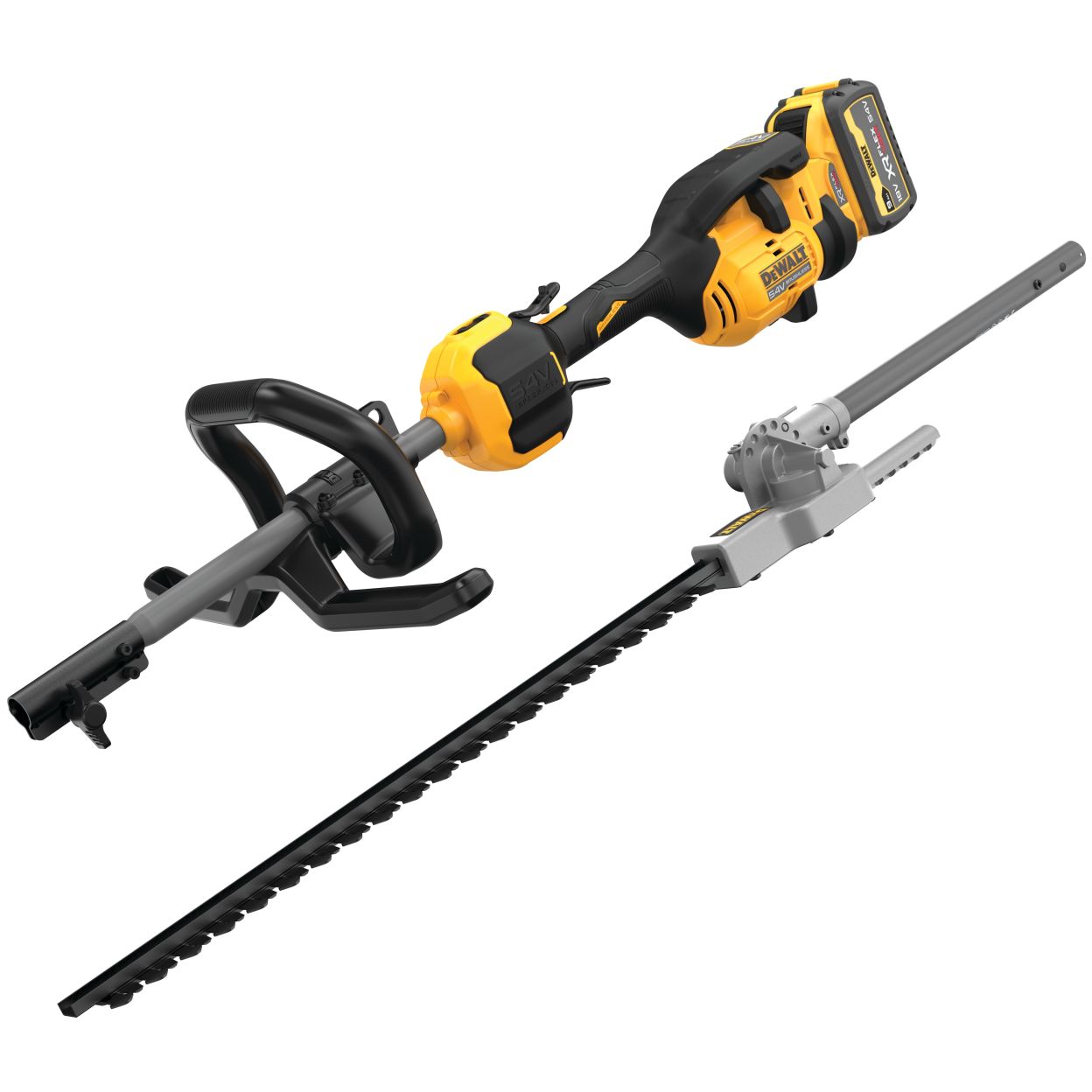 Аккумуляторный набор садовой техники DEWALT, 54 В: привод DCMAS5713 + насадка кусторез-высоторез DCMASPH6, с АКБ 2.5 Ач и ЗУ