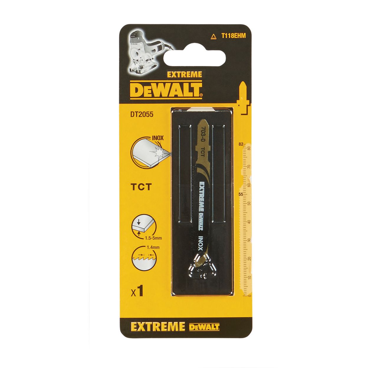 Пилка для лобзика DEWALT EXTREME DT2055 по металлу, INOX HM Карбид вольфрамовые зубья, (TCT). 82 x 55 x 1.4 x 5 мм, T118EHM, 1 шт.