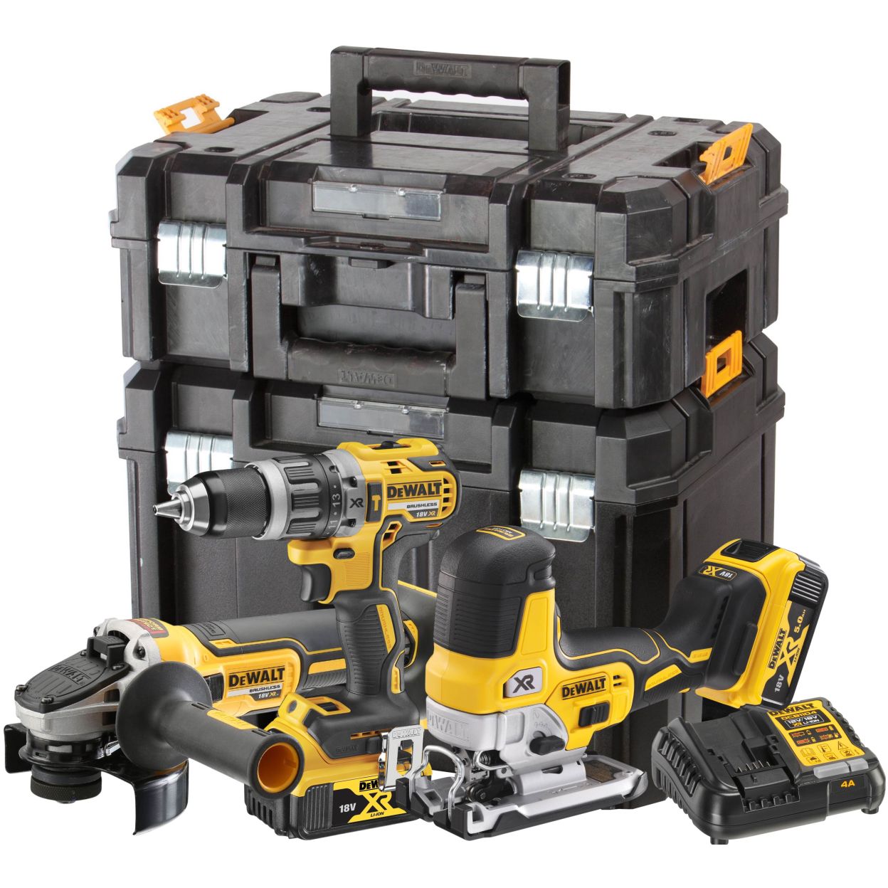 Аккумуляторный набор DEWALT DCK329P2T: дрель-шуруповерт DCD796 + УШМ DCG405 + лобзик DCS335, с 2 АКБ 5 Ач и ЗУ, в 2 кейсах TSTAK