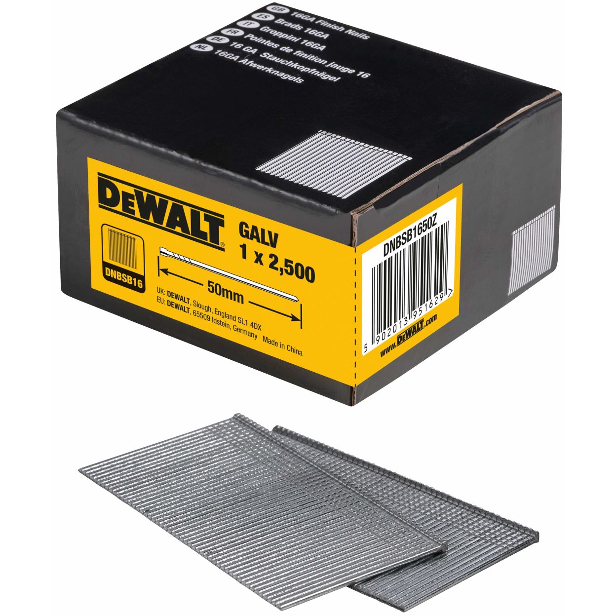 Гвозди DEWALT DNBSB1650Z, для нейлера, оцинкованные, 16GA, 50x1.6 мм, 25000 шт. (DNBSB1650Z-10)
