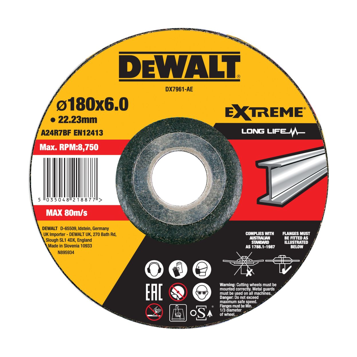 Диск шлифовальный по металлу DEWALT DX7961, по металлу, 180х22.23х6 мм (DX7961-AE)