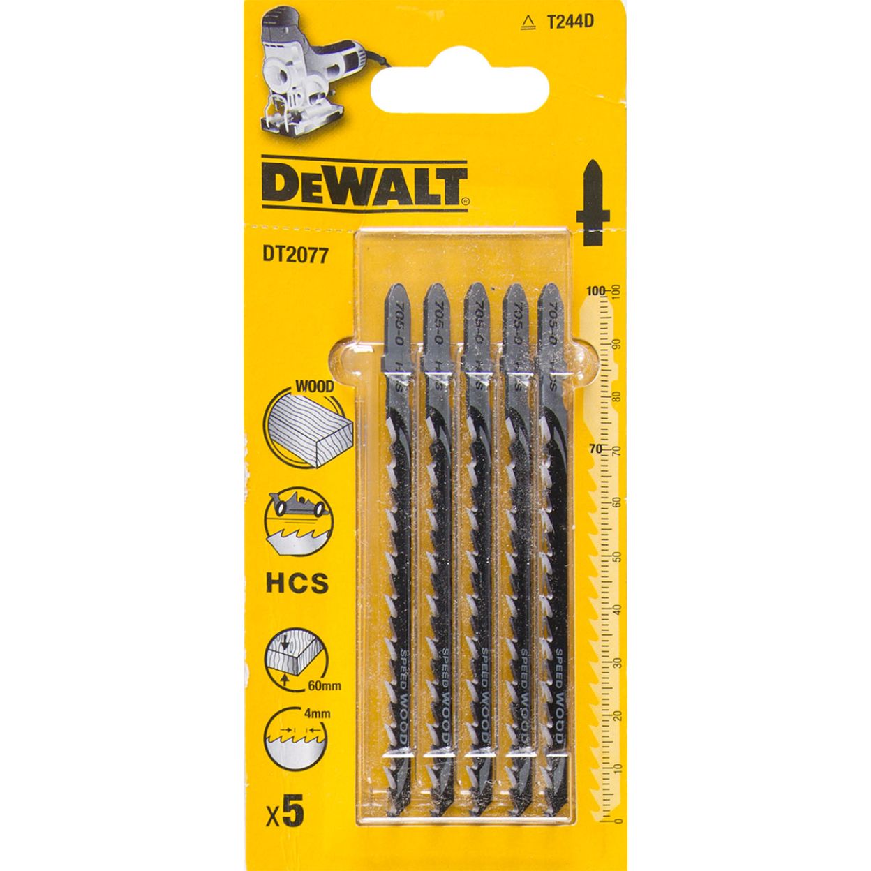 Пилка для лобзика DEWALT DT2077, по дереву из высокоуглеродистой стали, HCS, 100 x 70 x 4.0 x 60 мм, T244D, 5 шт.