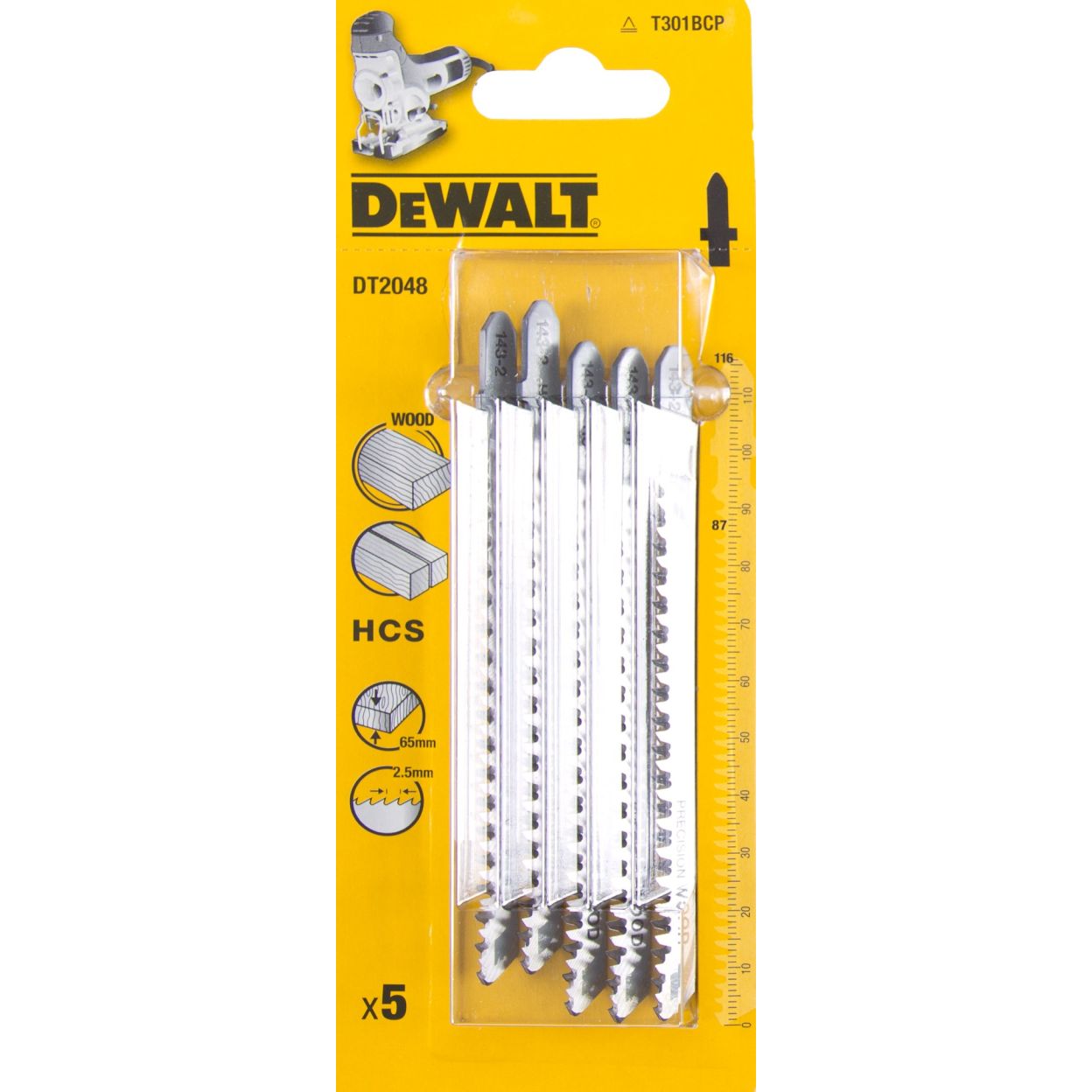 Пилка для лобзика DEWALT DT2048, по дереву из высокоуглеродистой стали, HCS, 116 x 87 x 2.5 x 65 мм, T301BCP, 5 шт.