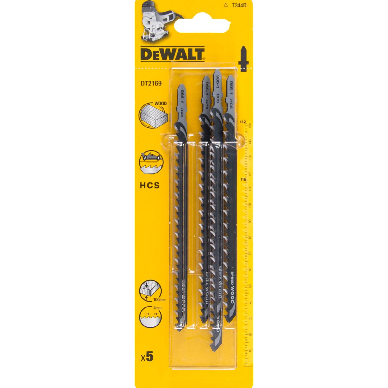 Пилка для лобзика DEWALT DT2169, по дереву из высокоуглеродистой стали, HCS, 152 x 116 x 4.0 x 100 мм, T344D, 5 шт.