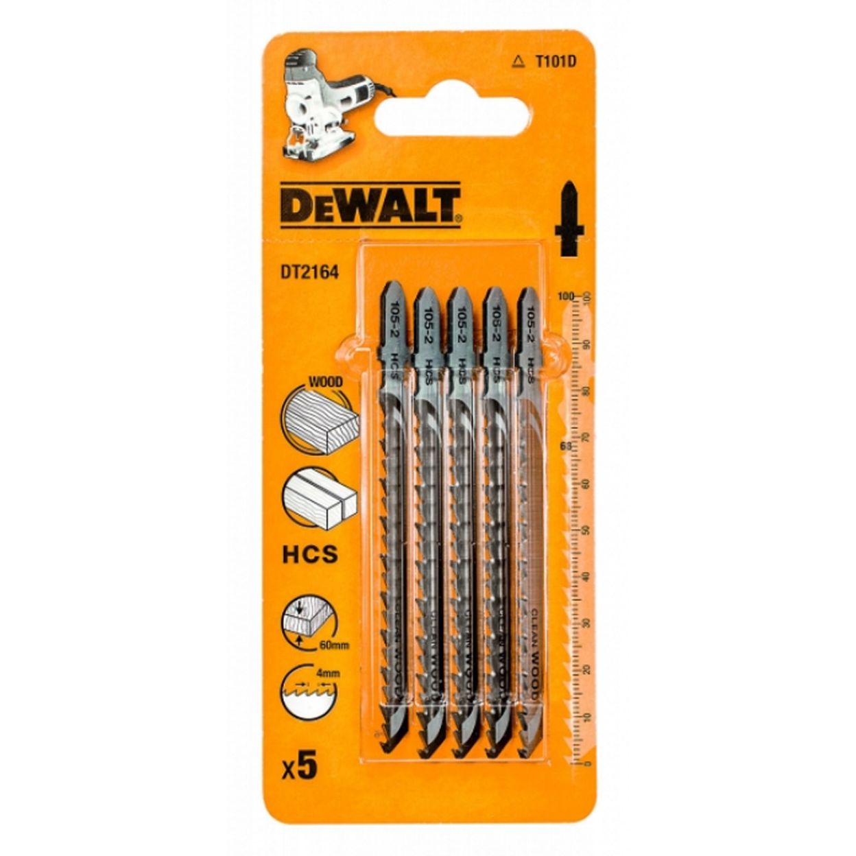 Пилка для лобзика по дереву из высокоуглеродистой стали DEWALT DT2164, HCS, 100 x 68 x 4.0 x 60 мм, T101D, 5 шт.