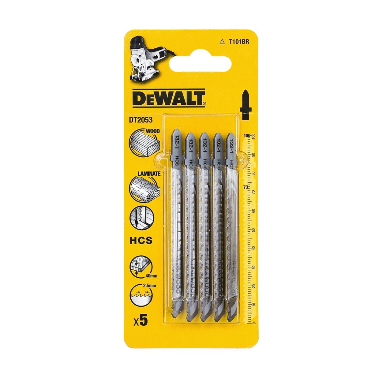 Пилка для лобзика по дереву из высокоуглеродистой стали DEWALT DT2053, HCS, 100 x 73 x 2.5 x 40 мм, T101BR, 5 шт.