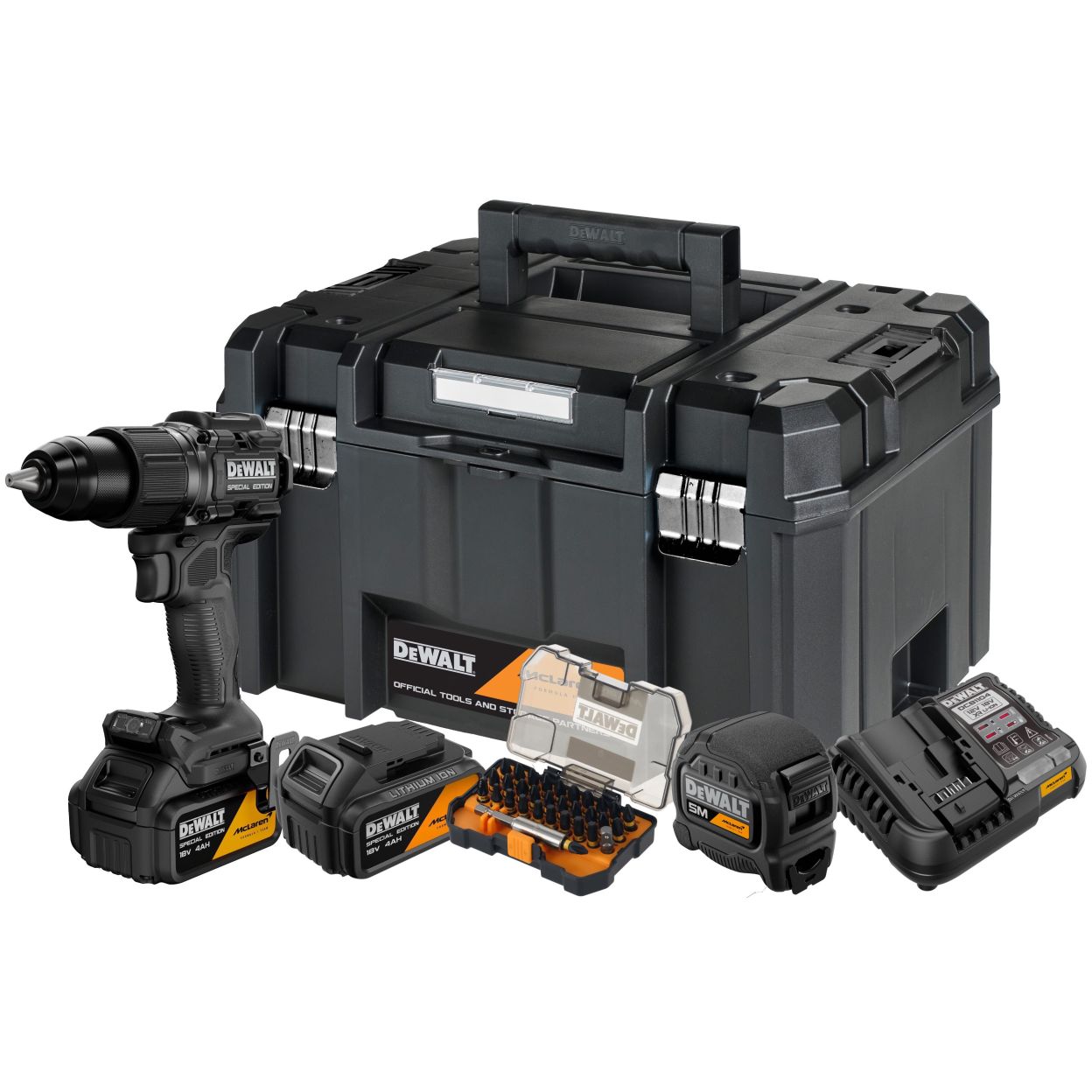 Ударная дрель-шуруповерт DEWALT McLaren Limited Edition DCD86MM2KT, 18 В, 2000 об/мин, с 2 АКБ 4 Ач и ЗУ, в кейсе TSTAK