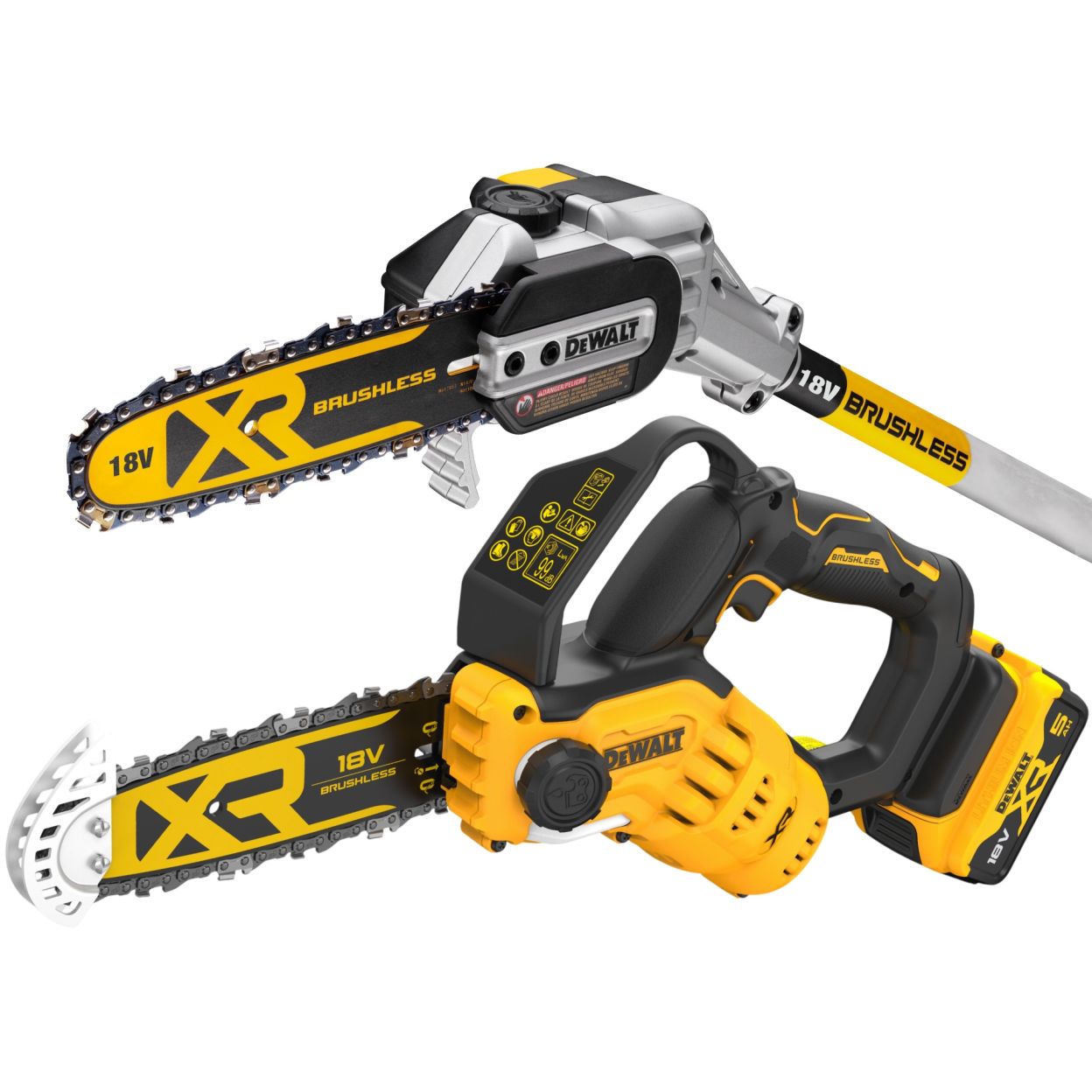 Аккумуляторный набор садовой техники DEWALT, 18 В: цепная пила DCMPS520 + сучкорез-высоторез DCMPS567, с АКБ 5 Ач и ЗУ
